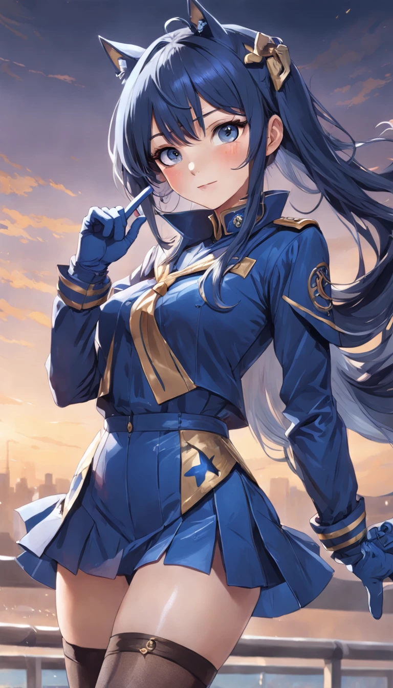 Single, dark blue-haired beauty, feminine, mature, tall, average bust, hourglass figure, shapely buttocks, long legs, elegant, soft on the outside but tough on the inside, gentle, calm, indigo bob haircut, animal ears, horse ears on top of her head, golden eyes, side-swept bangs, wearing star-shaped hair clips, smiling, making a "shh" gesture with her finger to her lips, horse ears visible, race girl, with a horse tail behind her, extremely detailed and delicate features, intricate details on her fingers, wearing a blue sailor uniform, black windbreaker, dark blue leggings, leg band around one leg, black gloves, black leather gloves, fingerless gloves, Race Girl_Mokusa Al Dan, Race Girl_Ao Yun Tian Kong, Pixiv, exquisite and detailed facial features, perfectly rendered hair, vibrant lighting and shadows, ultra HD facial depiction, 4K resolution, masterpiece, precise hand detailing, clearly depicted five fingers, vibrant colors, intricate composition, stunning depiction of facial features, detailed portrayal of hair, intricately drawn eyes, meticulous portrayal of facial and eye details, delicate depiction of hands, vibrant lighting, standing on the racetrack, sports stadium background.