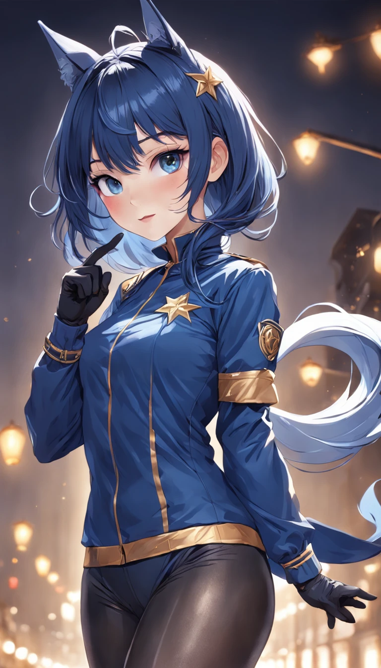 Single, dark blue-haired beauty, feminine, mature, tall, average bust, hourglass figure, shapely buttocks, long legs, elegant, soft on the outside but tough on the inside, gentle, calm, indigo bob haircut, animal ears, horse ears on top of her head, golden eyes, side-swept bangs, wearing star-shaped hair clips, smiling, making a "shh" gesture with her finger to her lips, horse ears visible, race girl, with a horse tail behind her, extremely detailed and delicate features, intricate details on her fingers, wearing a blue sailor uniform, black windbreaker, dark blue leggings, leg band around one leg, black gloves, black leather gloves, fingerless gloves, Race Girl_Mokusa Al Dan, Race Girl_Ao Yun Tian Kong, Pixiv, exquisite and detailed facial features, perfectly rendered hair, vibrant lighting and shadows, ultra HD facial depiction, 4K resolution, masterpiece, precise hand detailing, clearly depicted five fingers, vibrant colors, intricate composition, stunning depiction of facial features, detailed portrayal of hair, intricately drawn eyes, meticulous portrayal of facial and eye details, delicate depiction of hands, vibrant lighting, standing on the racetrack, sports stadium background.