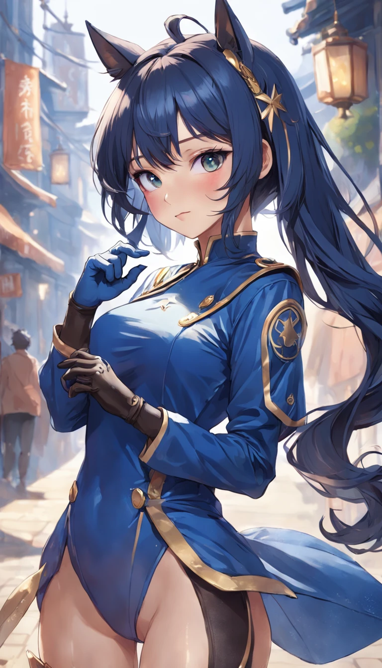Single, dark blue-haired beauty, feminine, mature, tall, average bust, hourglass figure, shapely buttocks, long legs, elegant, soft on the outside but tough on the inside, gentle, calm, indigo bob haircut, animal ears, horse ears on top of her head, golden eyes, side-swept bangs, wearing star-shaped hair clips, smiling, making a "shh" gesture with her finger to her lips, horse ears visible, race girl, with a horse tail behind her, extremely detailed and delicate features, intricate details on her fingers, wearing a blue sailor uniform, black windbreaker, dark blue leggings, leg band around one leg, black gloves, black leather gloves, fingerless gloves, Race Girl_Mokusa Al Dan, Race Girl_Ao Yun Tian Kong, Pixiv, exquisite and detailed facial features, perfectly rendered hair, vibrant lighting and shadows, ultra HD facial depiction, 4K resolution, masterpiece, precise hand detailing, clearly depicted five fingers, vibrant colors, intricate composition, stunning depiction of facial features, detailed portrayal of hair, intricately drawn eyes, meticulous portrayal of facial and eye details, delicate depiction of hands, vibrant lighting, standing on the racetrack, sports stadium background.