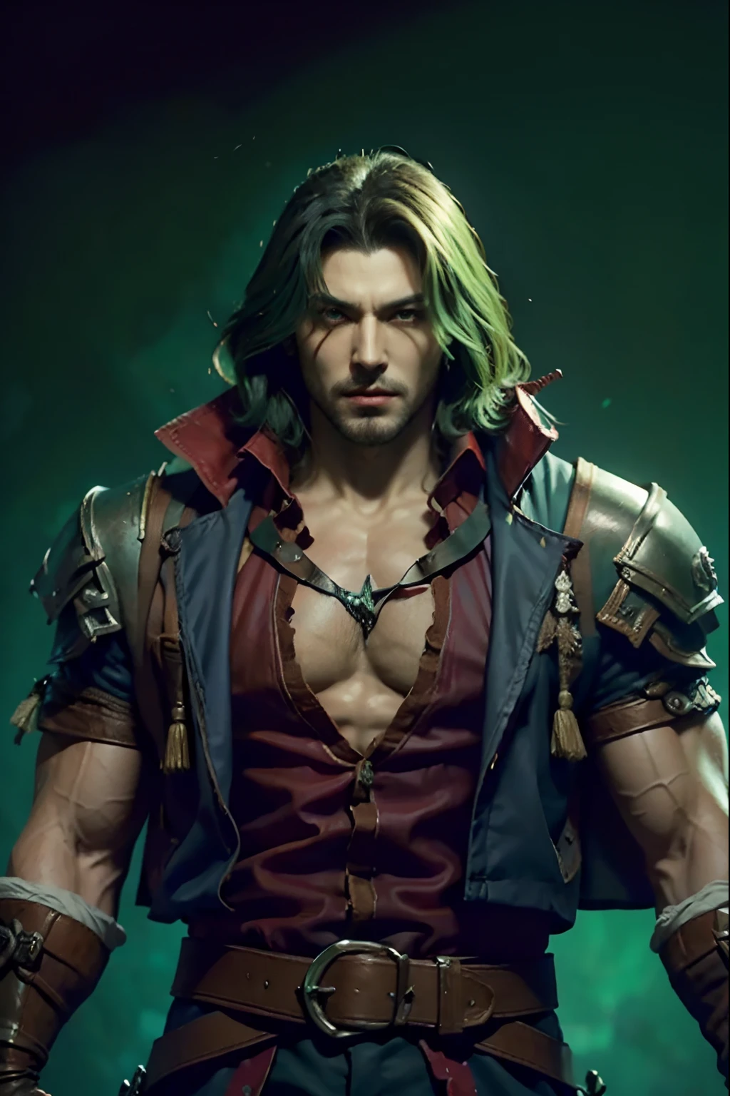 Castlevania Shadow Lord bald handsome muscular warrior brilliant crystal eyes green bright hyper realistic super detailed face