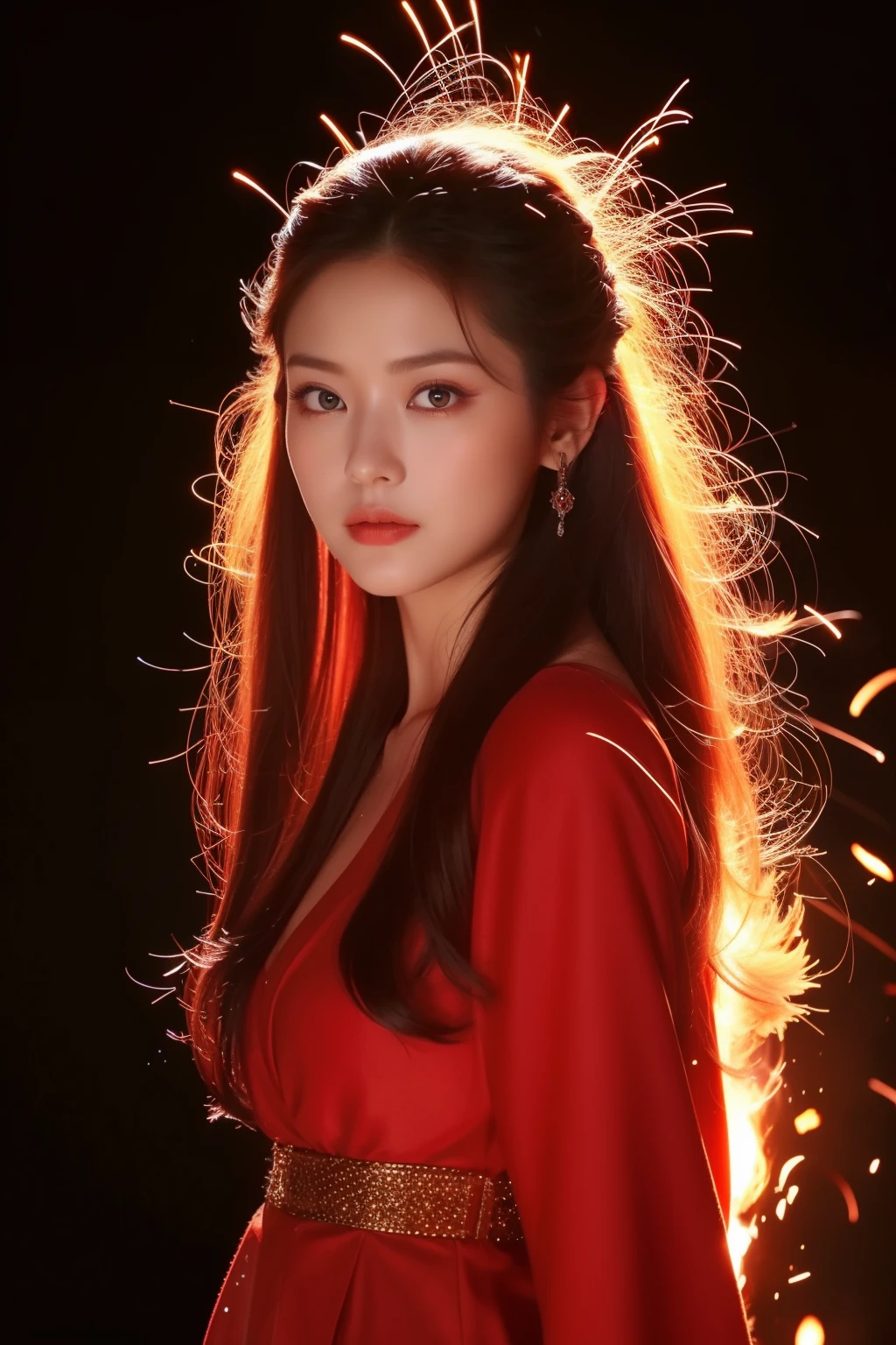 (highy detailed,realisticlying,meticuloso,8k)The Queen of Flames on the volcano is dressed in a gorgeous and majestic red robe。This robe is made of delicate silk,It is as if infused with life by the purest flame in the world。Her appearance is masculine and beautiful,The tall bridge of the nose and thin red lips outline the perfect face。Eyes burning with passion shone with a deep red light,It is as if you can see everyone's heart through the soul。Her long hair was as thick as silk,It appears to be burning red,Dancing like a blaze on her shoulders。The head is dotted with hairpins in the shape of flames,Flashing bright fire。Whenever she moves her head,That hot glowing dot will emit bright sparks。The skin is like a manifestation of fire,There is a subtle blush in the air。She is tall and elegant,Posture is straight,Exudes confidence and dominance。She wears a ruby-encrusted flame-shaped bracelet on her wrist,Shines brilliantly red。The surrounding environment is also spectacular。It is surrounded by craters where magma erupts,Lava gushes out of the ground,Various peculiar landforms are formed。Red smoke filled the air,The heat wave distorted the vision。The dark red glow of magma flickered around her,Shoot into the night sky。When a volcano erupts,Clumps of magma erupt from the crater,Form a gorgeous waterfall of fire。The Flame Queen stands at the highest point of the magma eruption,She appears as if she is the ruler of this lava。In this scorching environment,She shows a strong and domineering aura。She is the guardian of the volcano,Her presence is a symbol of strength and breathtaking power。Queen of Flames with her makeup、Clothing and environmental details,It will always leave an indelible impression。