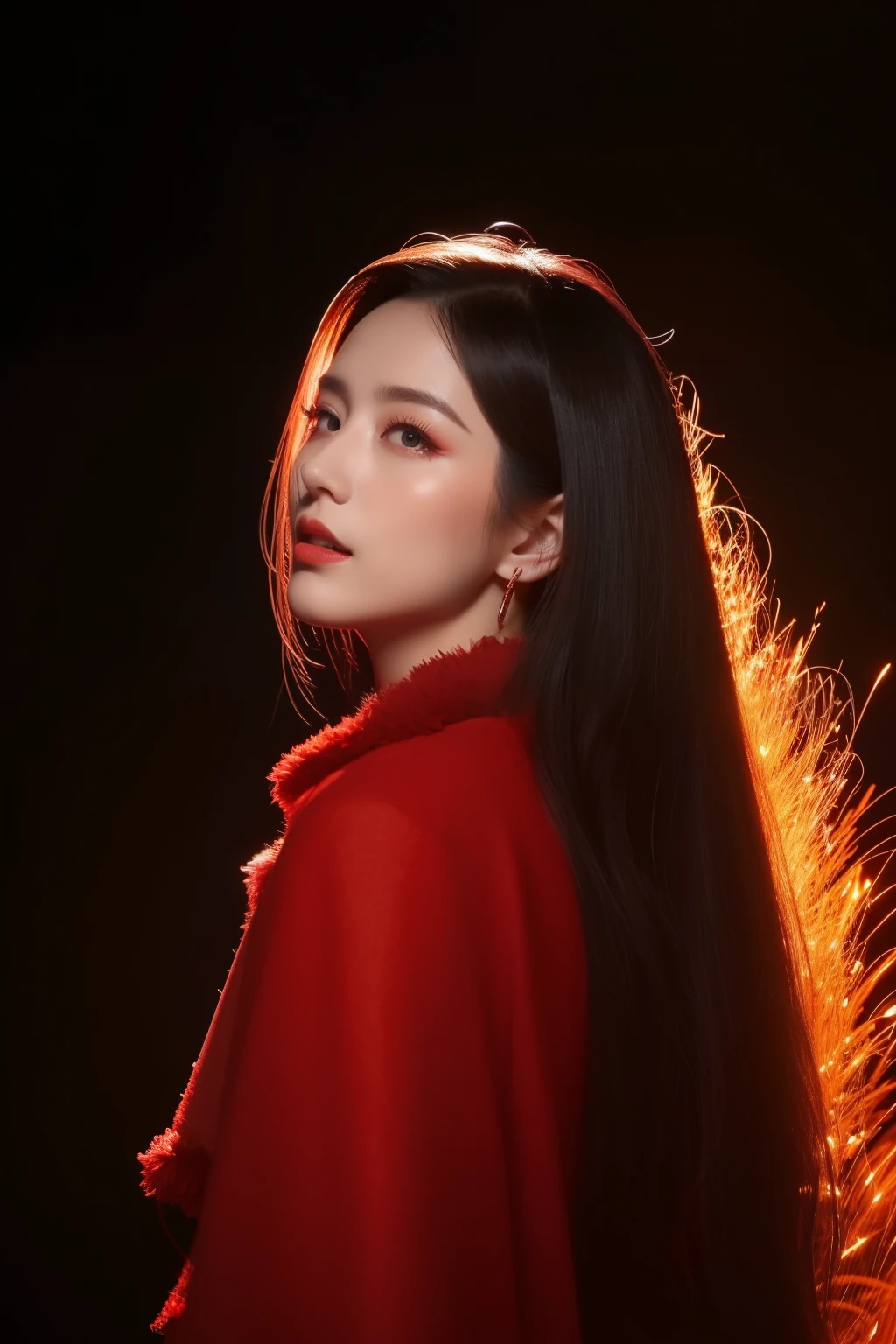 (highy detailed,realisticlying,meticuloso,8k)The Queen of Flames on the volcano is dressed in a gorgeous and majestic red robe。This robe is made of delicate silk,It is as if infused with life by the purest flame in the world。Her appearance is masculine and beautiful,The tall bridge of the nose and thin red lips outline the perfect face。Eyes burning with passion shone with a deep red light,It is as if you can see everyone's heart through the soul。Her long hair was as thick as silk,It appears to be burning red,Dancing like a blaze on her shoulders。The head is dotted with hairpins in the shape of flames,Flashing bright fire。Whenever she moves her head,That hot glowing dot will emit bright sparks。The skin is like a manifestation of fire,There is a subtle blush in the air。She is tall and elegant,Posture is straight,Exudes confidence and dominance。She wears a ruby-encrusted flame-shaped bracelet on her wrist,Shines brilliantly red。The surrounding environment is also spectacular。It is surrounded by craters where magma erupts,Lava gushes out of the ground,Various peculiar landforms are formed。Red smoke filled the air,The heat wave distorted the vision。The dark red glow of magma flickered around her,Shoot into the night sky。When a volcano erupts,Clumps of magma erupt from the crater,Form a gorgeous waterfall of fire。The Flame Queen stands at the highest point of the magma eruption,She appears as if she is the ruler of this lava。In this scorching environment,She shows a strong and domineering aura。She is the guardian of the volcano,Her presence is a symbol of strength and breathtaking power。Queen of Flames with her makeup、Clothing and environmental details,It will always leave an indelible impression。