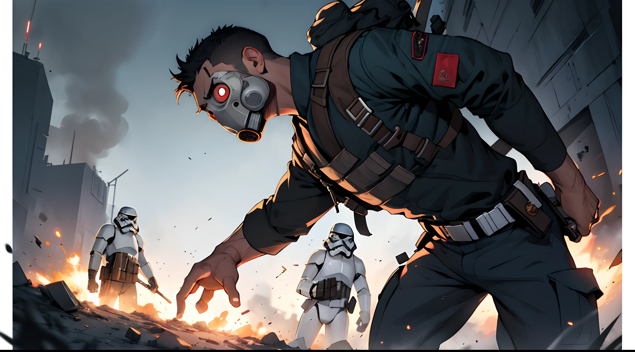 world war 3 close quarter combat, soldier wearing gas mask, smokey background, backlight, waricsons, waring pose, belts + scarred, damaged, stare into space, star wars, sad, regret, painful, vivid, volumetric lighting, anime digital, high detail, in the style of James jean, timing