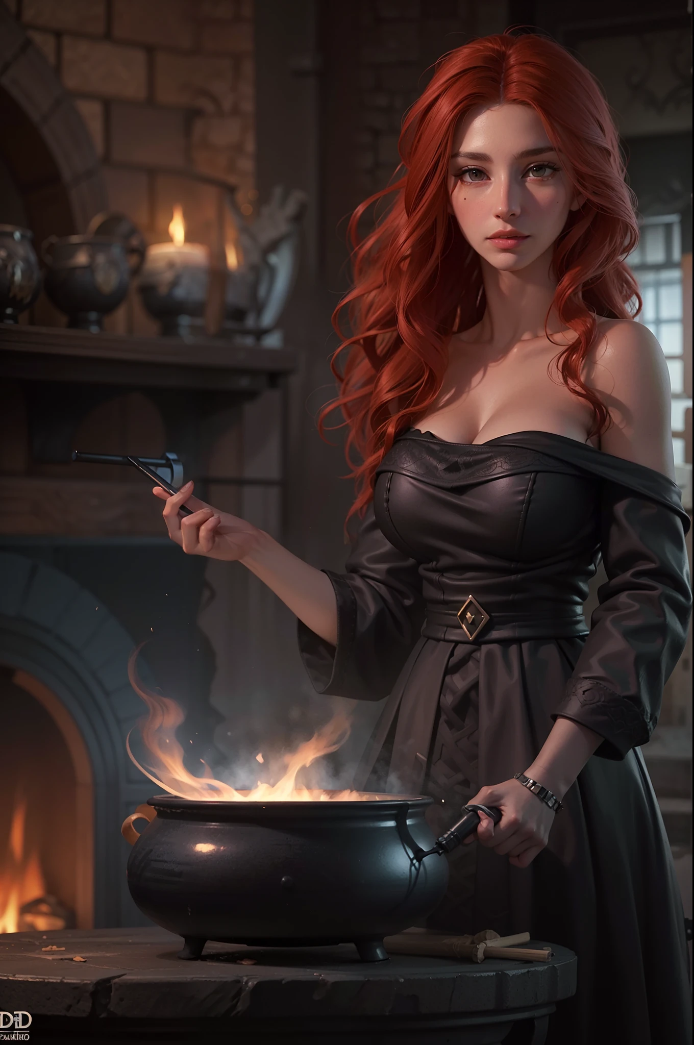 high details, best quality, 16k, RAW, [best detailed], masterpiece, best quality, (extremely detailed), full body (best details, Masterpiece, best quality), , ultra wide shot, photorealistic, fantasy art, RPG art, D&D art, a picture of a woman, witch brweing dark matter over big cauldron in the fire place, middle aged woman, exquisite beautiful woman (best details, Masterpiece, best quality), ultra detailed face (best details, Masterpiece, best quality),evil grin, red hair, long hair, wavy hair, dynamic eye color, pale skin, black dress (best details, Masterpiece, best quality), wearing black boots, large boilng cauldron, black cauldron, green mists magic mists, coming from cauldron, a stove, middles ages house background, dim fire light, High Detail, Ultra High Quality, High Resolution, 16K Resolution, Ultra HD Pictures, 3D rendering Ultra Realistic, Clear Details, Realistic Detail, Ultra High Definition Waiting to start