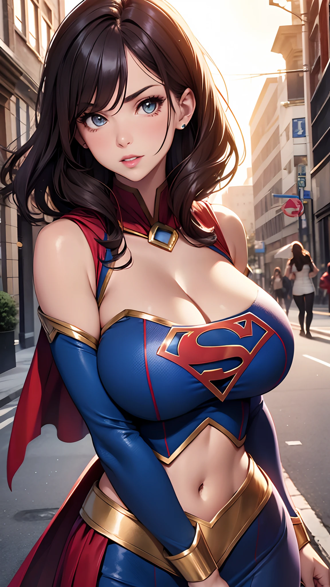 Woman body set big breasts,Supergirl costume dress,Cut clothes,Close-up,Off-the-shoulder attire,Charming,perfect bodies,the street,nabel,Abdominal vest line,brunette color hair