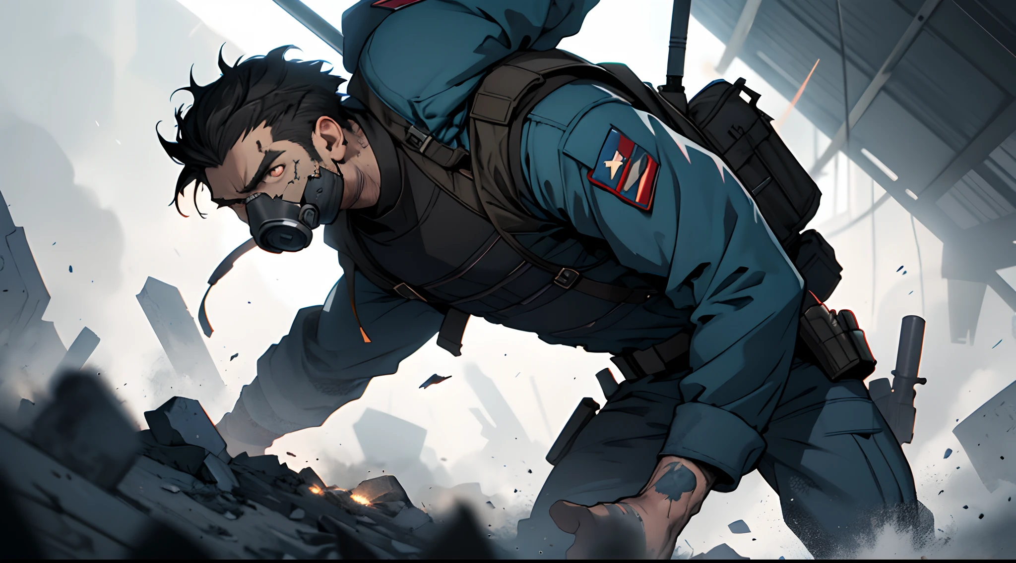 world war 3 close quarter combat, soldier wearing gas mask, smokey background, backlight, waricsons, waring pose, belts + scarred, damaged, stare into space, star wars, sad, regret, painful, vivid, volumetric lighting, anime digital, high detail, in the style of James jean, timing
