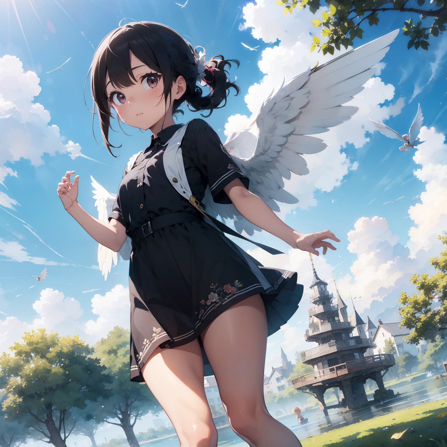 masterpiece、Mascot character、beautiful wings、Feather hair ornament、watercolor paiting(1:2)、((2D))、Ajin、girl with、Dresses with a lot of fabric、Clear sky、Floating island in the sky、I'm flapping my wings comfortably、