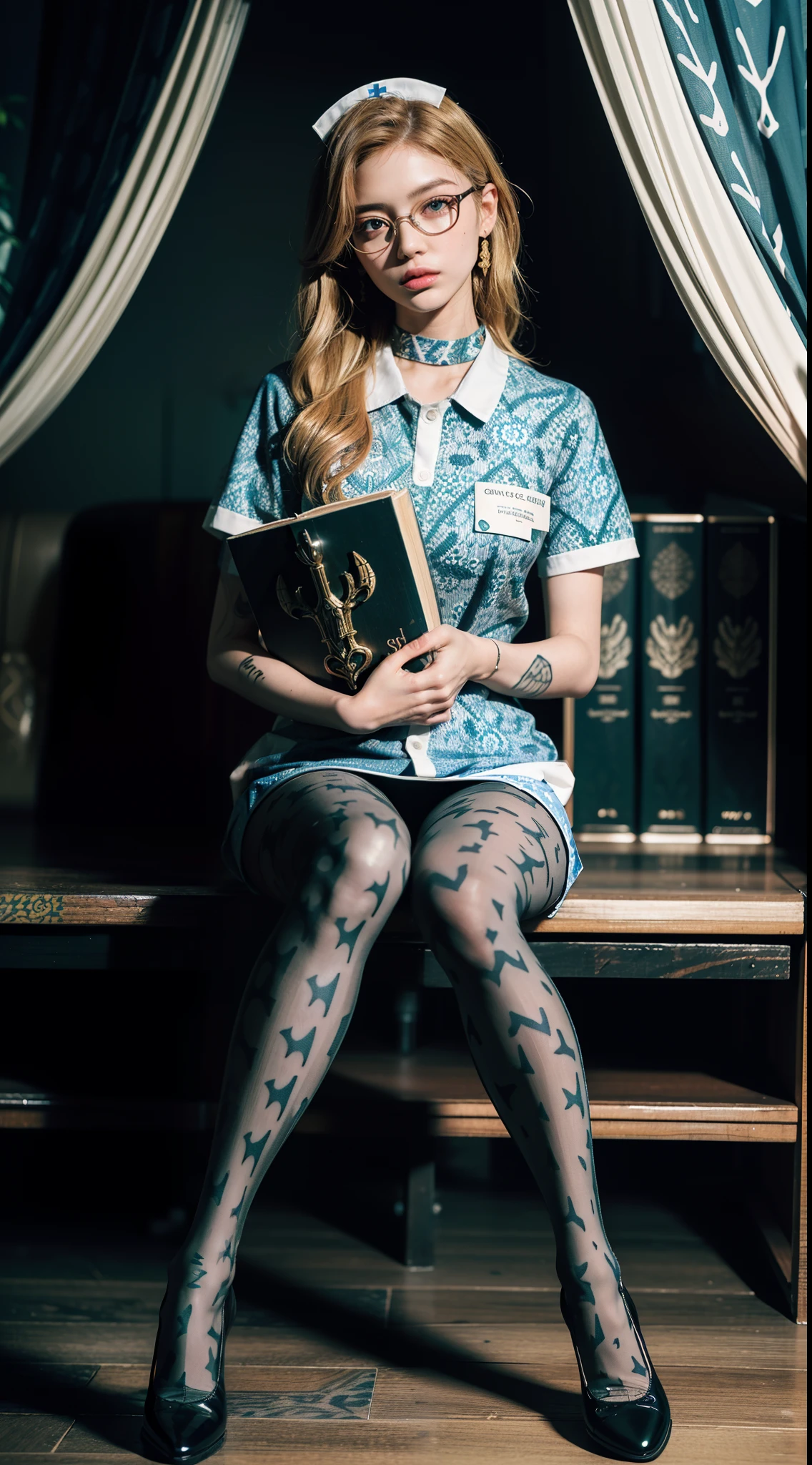 (full body:1.5),(((1girl)):1.3),(view the viewer:1.4),((anatomy correct):1.45),((Sitting in the forest):1.2),(He wears large glasses and holds a book in his hand:1.15),(shy:1.15),((nurse uniform):1.2),(((((((Patterned)))))) ,((pantyhose)):1.3),(((tattoo)):1.3),( Uniform high heels leather shoes with bows for female students:1.1),(Accurate and perfect face:1.3),((red-eyed blonde):1.2),hyper HD, Ray traching, reflective light, structurally correct, Award-Awarded, high detail, lighten shade contrast, Face lighting ,cinematic lighting, masterpiece, super detailing, high quality, high detail, best quality, 16k,High contrast,