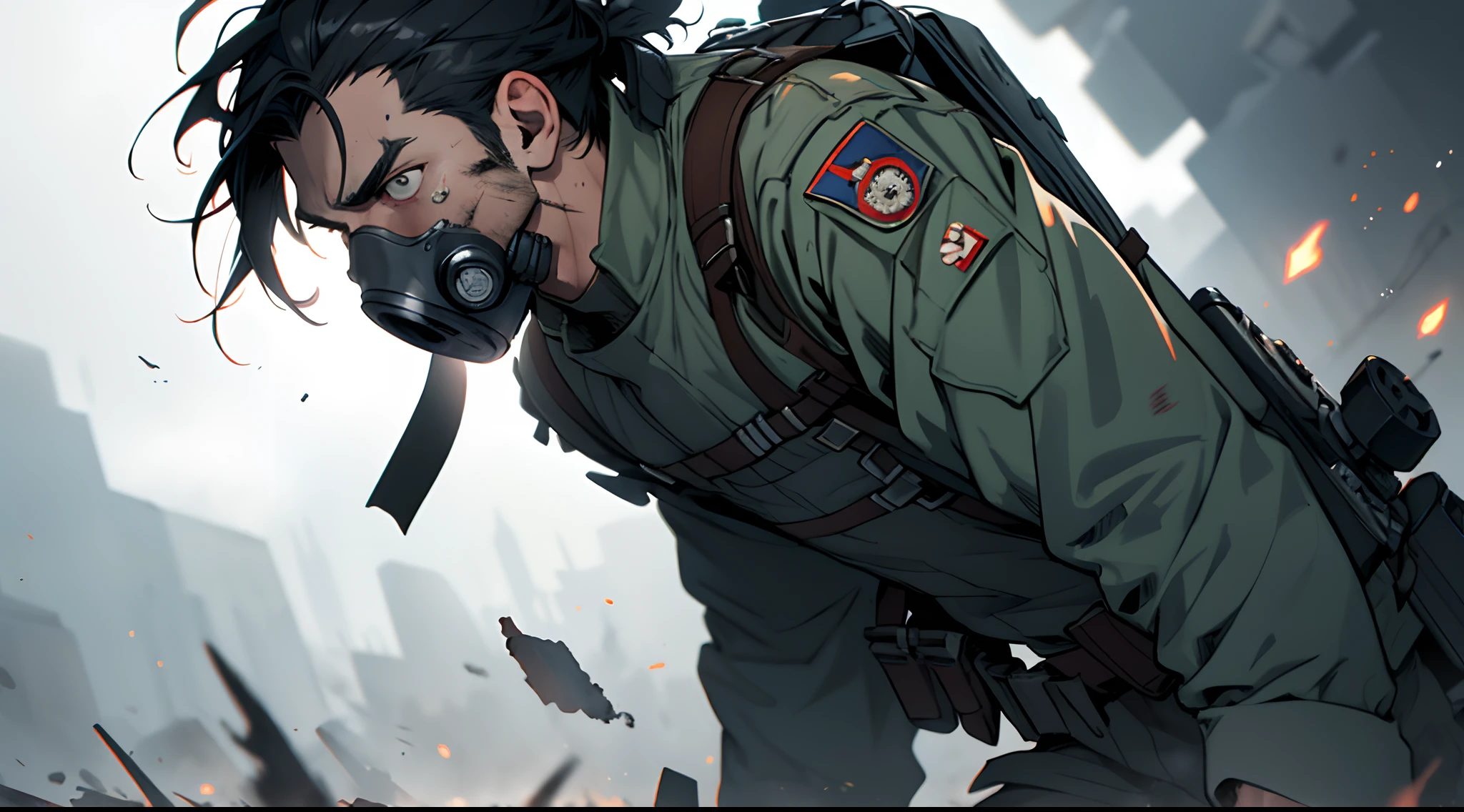 world war 3 close quarter combat, soldier wearing gas mask, smokey background, backlight, waricsons, waring pose, belts + scarred, damaged, stare into space, star wars, sad, regret, painful, vivid, volumetric lighting, anime digital, high detail, in the style of James jean, timing