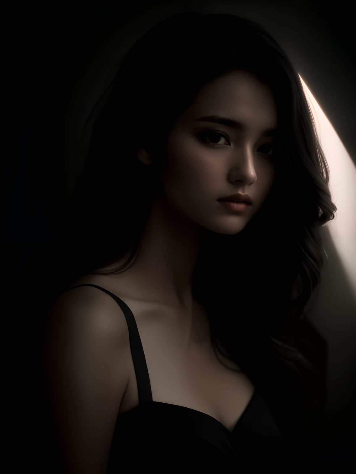 20 years old girl posing for photo with long hair black dress, looking above the shoulder, beautiful portrait lighting, (((beautiful rim light))), detailed face, detailed shadow, medium portrait soft light, Dramatic low-key lighting, portrait soft low light, portrait soft light, 7 0 mm dramatic lighting, Dramatic soft shadow lighting, low key lighting, Soft light with contrast between light and dark, Understated dramatic lighting, Dramatic lighting of the face