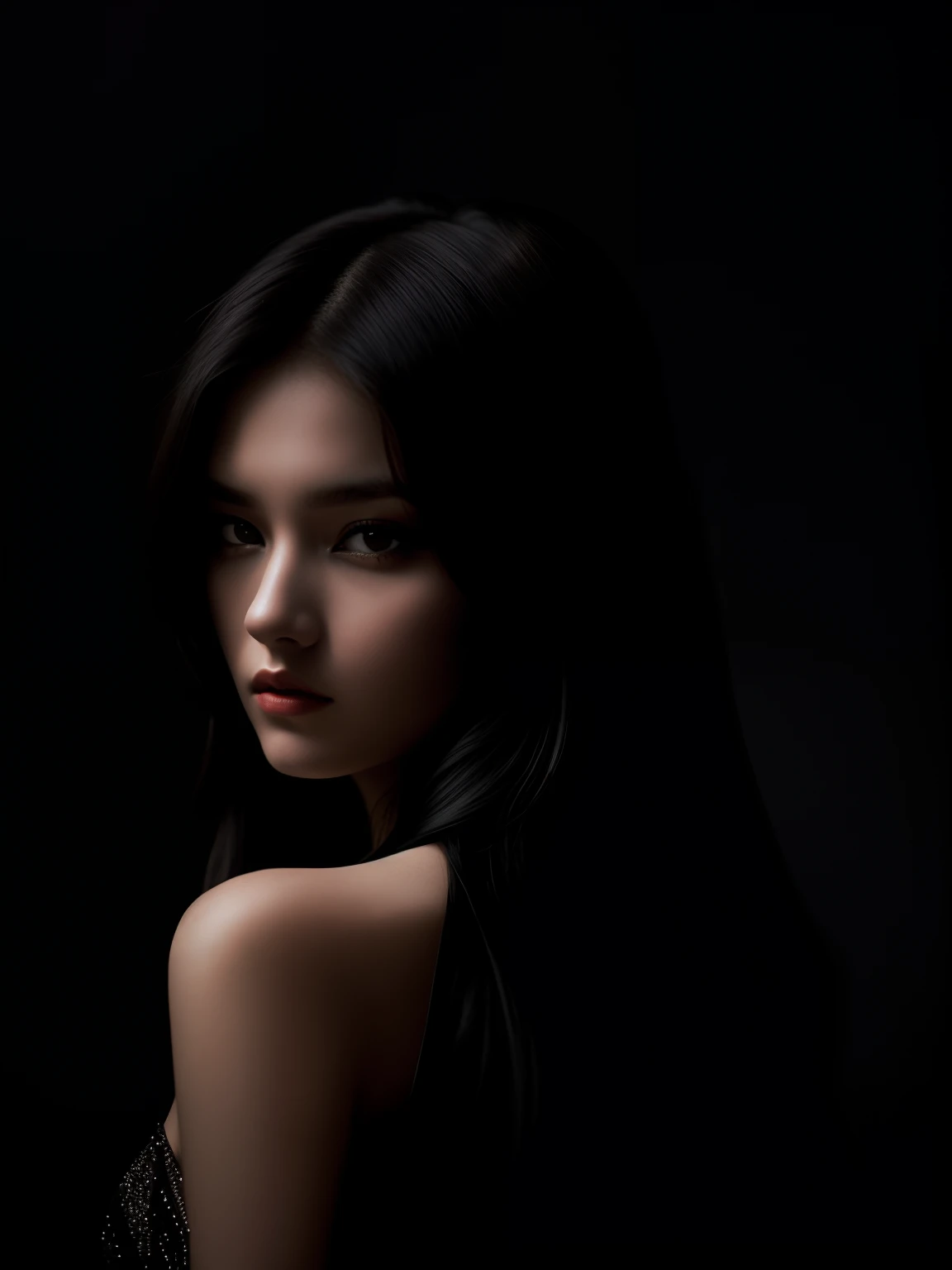 20 years old girl posing for photo with long hair black dress, looking above the shoulder, beautiful portrait lighting, (((beautiful rim light))), detailed face, detailed shadow, medium portrait soft light, Dramatic low-key lighting, portrait soft low light, portrait soft light, 7 0 mm dramatic lighting, Dramatic soft shadow lighting, low key lighting, Soft light with contrast between light and dark, Understated dramatic lighting, Dramatic lighting of the face