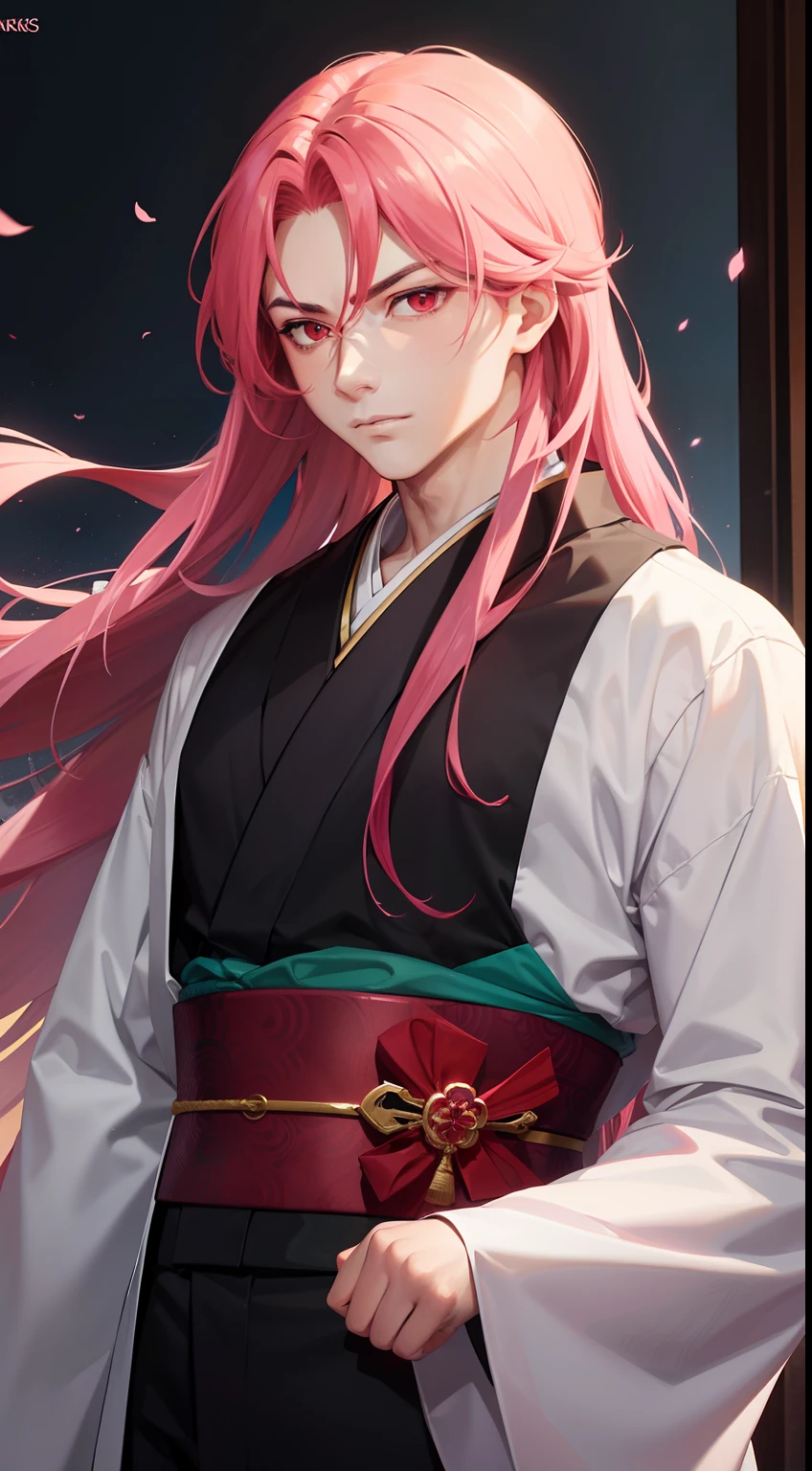 Male character with pink long hair, red eyes, though body, handsome, wearing kimono, serious face, monarchy