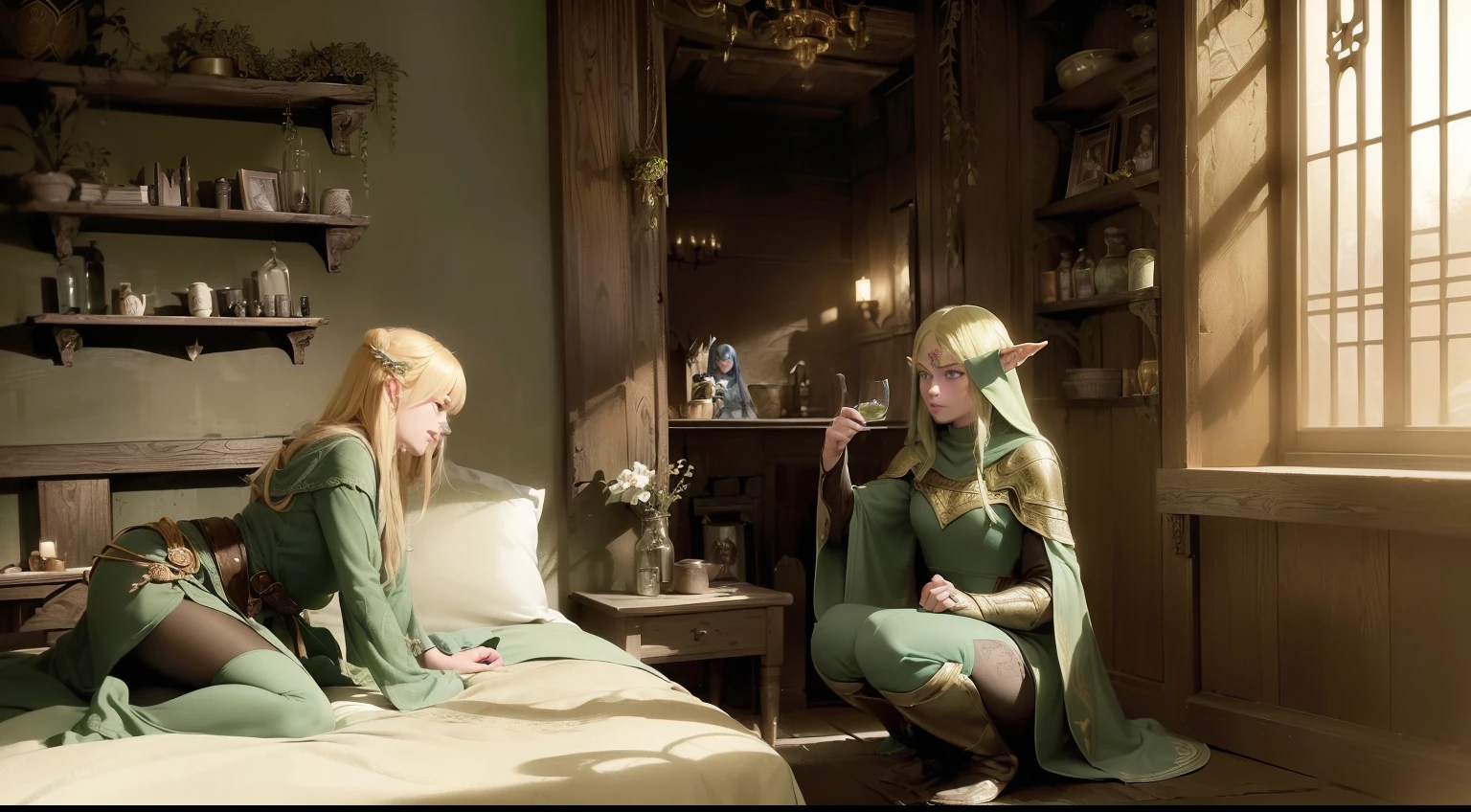 duo: Elven female ( Golden hair, Green eyes )Squatting ( concerned: 1,3 ) , Elven female( Golden hair, Cyan eyes ) Squatting, vibe (( In a house from Skyrim, Stealing things)) (Add characters, stealing from the bedside table) ( Firefly: 1,2) ( Wear magical cloaks with a hood ) (((( Illegally snuck into the house )))) ((Medieval times )) ( Bad ) ((( the night ))) (( Dark time of day )) (( Confusion )) (( Crime ))