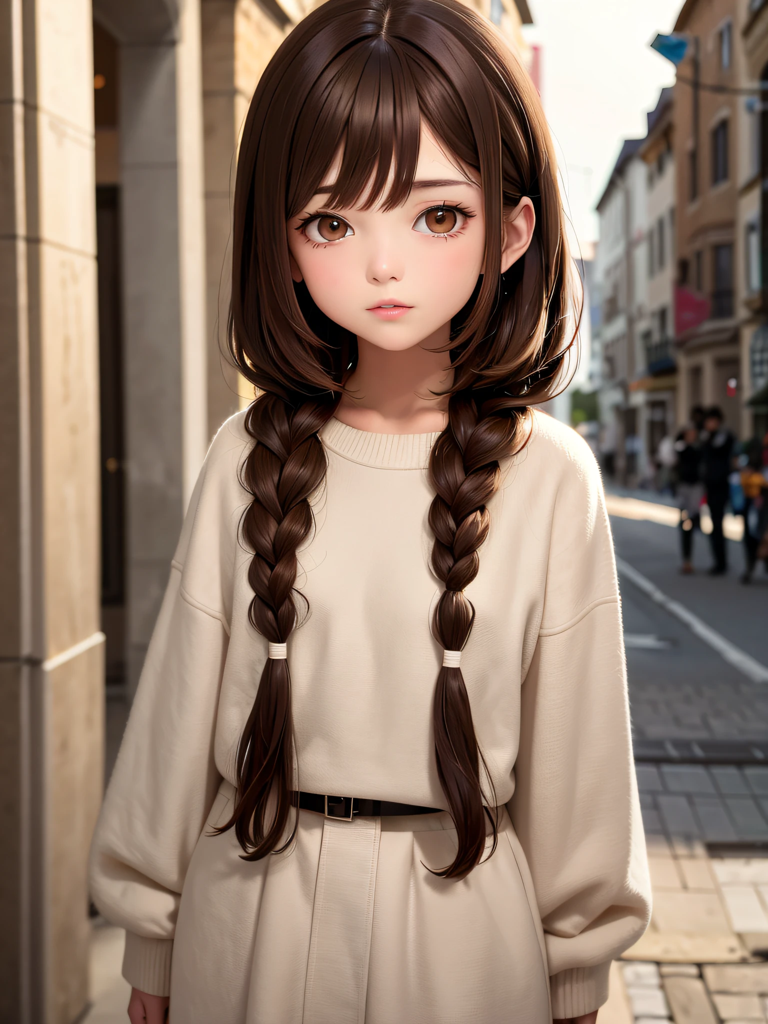 Excellent, masterpiece, brown hair, brown eyes, white clothes, upper body, hair strands, fair skin, side braids, best quality,