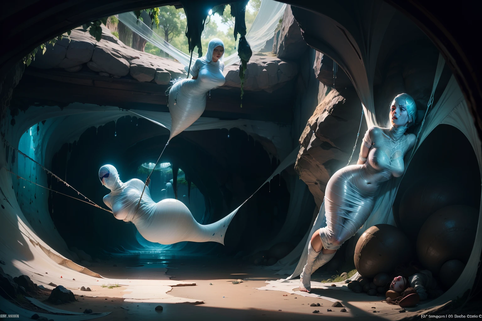 10girls (cocoon:1.2), bound, restrained, silk, cocoon, spider web, masterpiece, best quality, highly detailed, spider, cave, suspension,,, attacked by large spiders, cave covered in webs, submerged in slime