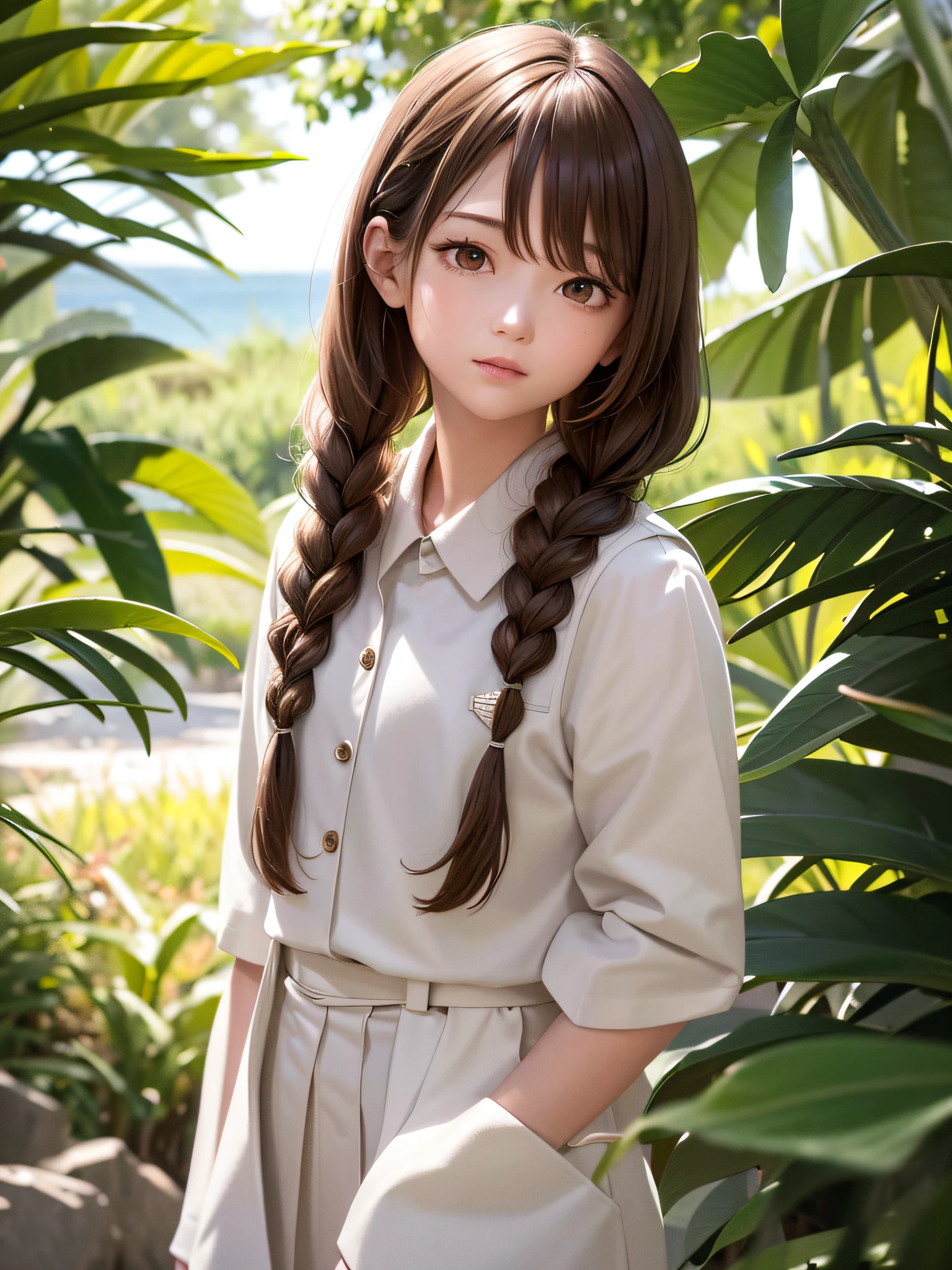 Excellent, masterpiece, brown hair, brown eyes, white clothes, upper body, hair strands, fair skin, side braids, best quality,