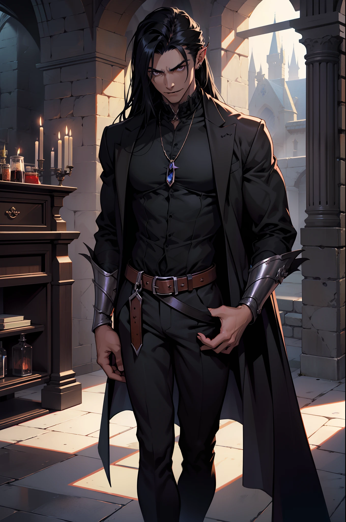 arafed man in a dark shirt in a room, skinny male fantasy alchemist, androgynous vampire, with his long black hair, with long dark hair, male vampire, handsome male vampire, as a medieval fantasy character