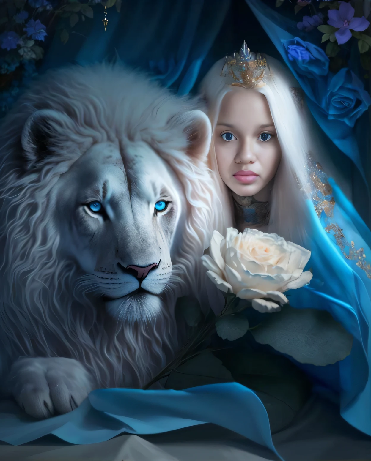 Painting of a woman holding a white lion in her arms, gorgeous goddess of leo, com longos cabelos brancos, com cabelos longos brancos, uma mulher bonita no branco, cabelo longo branco detalhado, senhora de cabelos brancos, beautiful animal pearl queen, retrato bonito da arte da fantasia, Magali Villeneuve», with the mane of a lion, pintura de fantasia realista, cabelo branco bonito, mulher linda