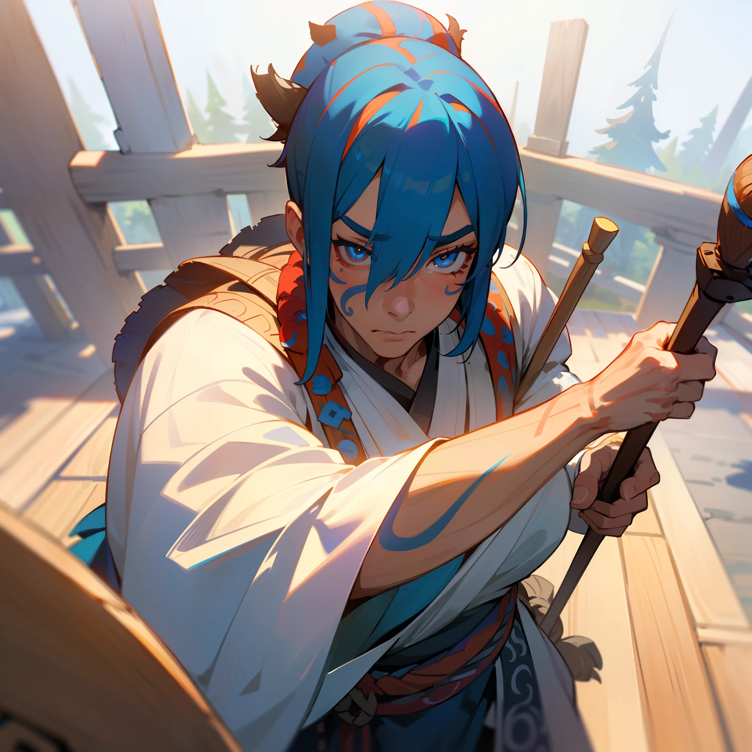 (8k, best quality, tmasterpiece:1.2),\(eye detailed\),\(Facial features\),(\(Clothes detail details\)\),full bodyesbian,(Facial focus) ,Very detailed CG unity 8K wallpaper,hugefilesize,ultra - detailed,A high resolution,absurderes,beautidful eyes,Ray traching,dramatic shadow,finely detailled,Dramatic angles,Hyper-detailing,(1man:1.3),(Solo),Mature male,muscle men,(Great shaman:1.4),masks,Tight cloth,(The wooden staff of the result:1.3)