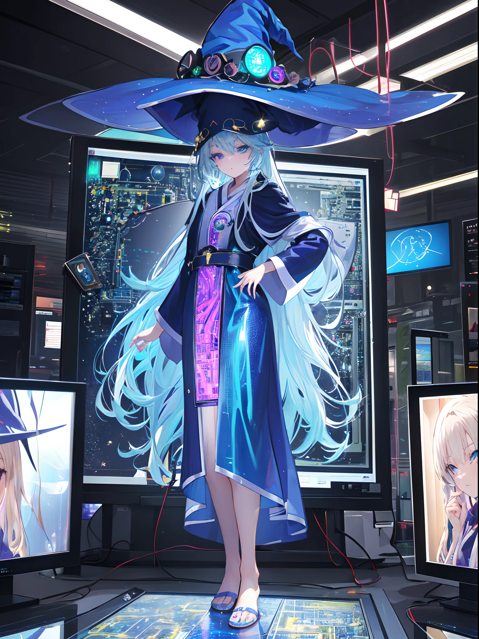 The electronic witch looks into the world. All the information that constantly flows through her. (Wearing Witch Hat and robe with electronic circuit pattern:1.5), hyper real, rich colored, black based detailed delicate cell anime work, Glossy highlights that look like wet, (Best quality), (masterpiece:1.3), ultra-detailed, (realistic), (anime style), Modest exposure, (Transparent display monitors, holographic displays:1.5), electronic sea, electromagnetic waves, wi-fi, full body shot, full enter body,