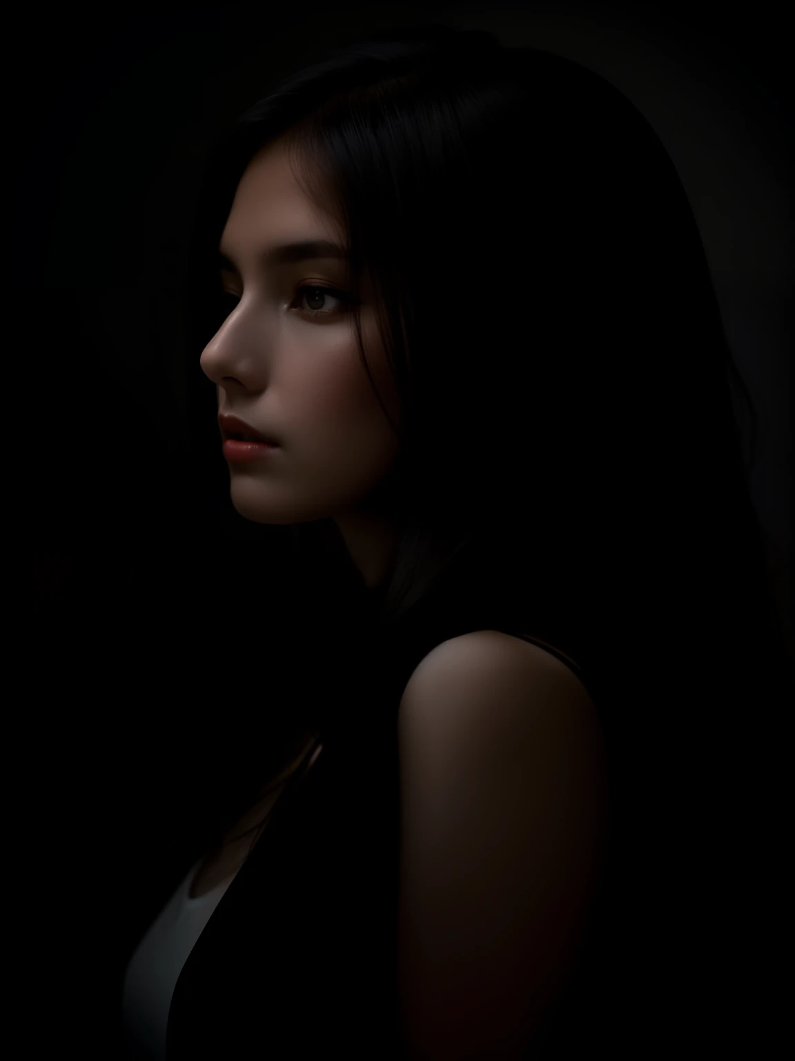 20 years old girl posing for photo with long hair black dress, looking above the shoulder, beautiful portrait lighting, (((beautiful rim light))), detailed face, detailed shadow, medium portrait soft light, Dramatic low-key lighting, portrait soft low light, portrait soft light, 7 0 mm dramatic lighting, Dramatic soft shadow lighting, low key lighting, Soft light with contrast between light and dark, Understated dramatic lighting, Dramatic lighting of the face