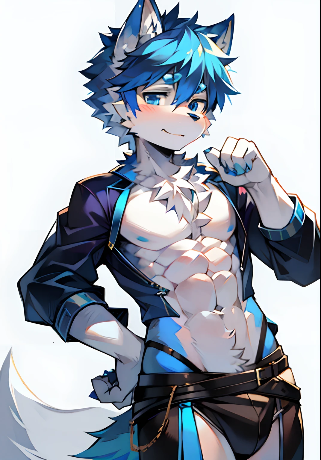 Furry,Wolf boy,White fur,eBlue eyes,Single fluffy tail,whaite hair,short detailed hair,Abs