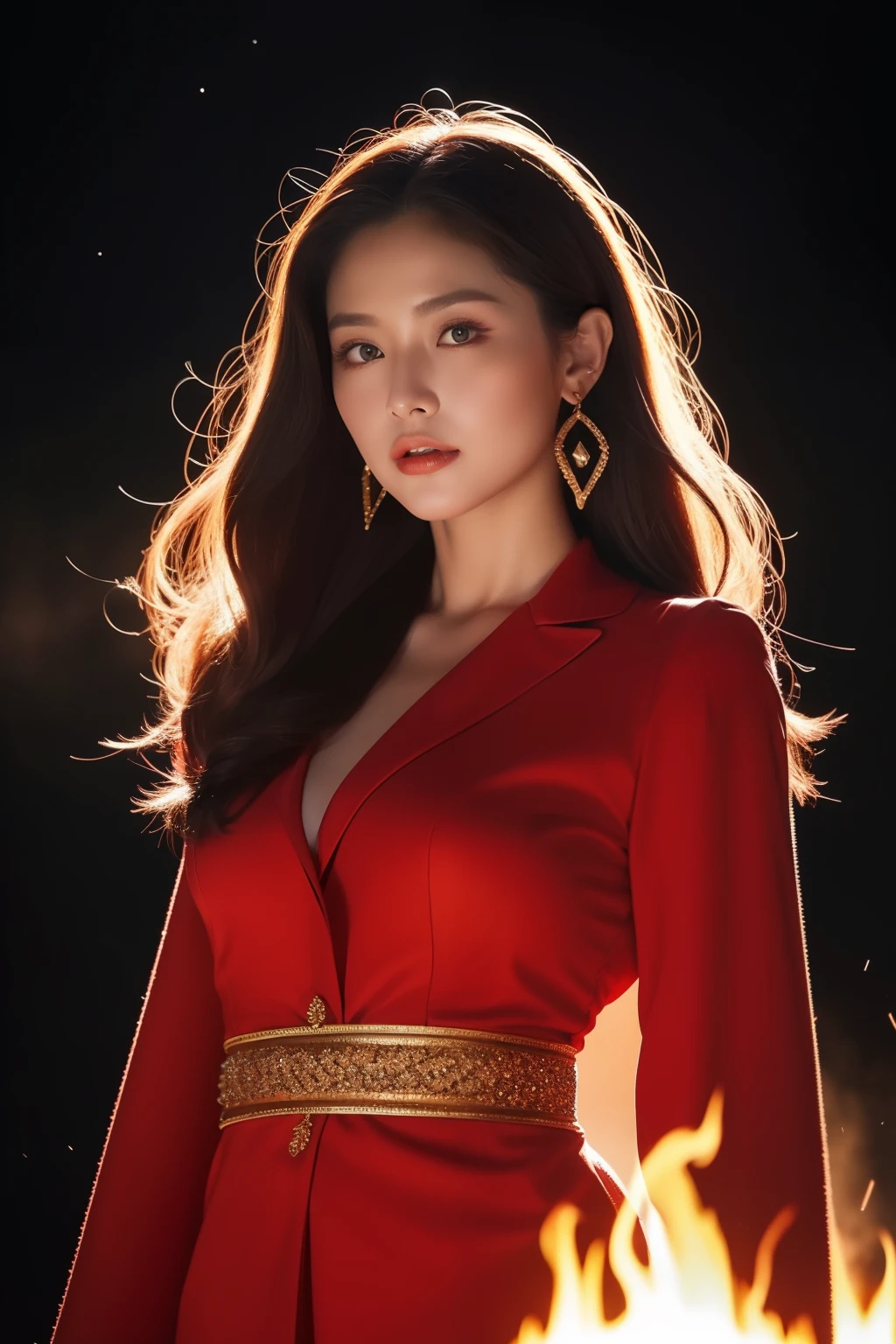(highy detailed,realisticlying,meticuloso,8k)远景,全身The Queen of Flames on the volcano is dressed in a gorgeous and majestic red robe。This robe is made of delicate silk,It is as if infused with life by the purest flame in the world。Her appearance is masculine and beautiful,The tall bridge of the nose and thin red lips outline the perfect face。Eyes burning with passion shone with a deep red light,It is as if you can see everyone's heart through the soul。Her long hair was as thick as silk,It appears to be burning red,Dancing like a blaze on her shoulders。The head is dotted with hairpins in the shape of flames,Flashing bright fire。Whenever she moves her head,That hot glowing dot will emit bright sparks。The skin is like a manifestation of fire,There is a subtle blush in the air。She is tall and elegant,Posture is straight,Exudes confidence and dominance。She wears a ruby-encrusted flame-shaped bracelet on her wrist,Shines brilliantly red。The surrounding environment is also spectacular。It is surrounded by craters where magma erupts,Lava gushes out of the ground,Various peculiar landforms are formed。Red smoke filled the air,The heat wave distorted the vision。The dark red glow of magma flickered around her,Shoot into the night sky。When a volcano erupts,Clumps of magma erupt from the crater,Form a gorgeous waterfall of fire。The Flame Queen stands at the highest point of the magma eruption,She appears as if she is the ruler of this lava。In this scorching environment,She shows a strong and domineering aura。She is the guardian of the volcano,Her presence is a symbol of strength and breathtaking power。Queen of Flames with her makeup、Clothing and environmental details,It will always leave an indelible impression。
