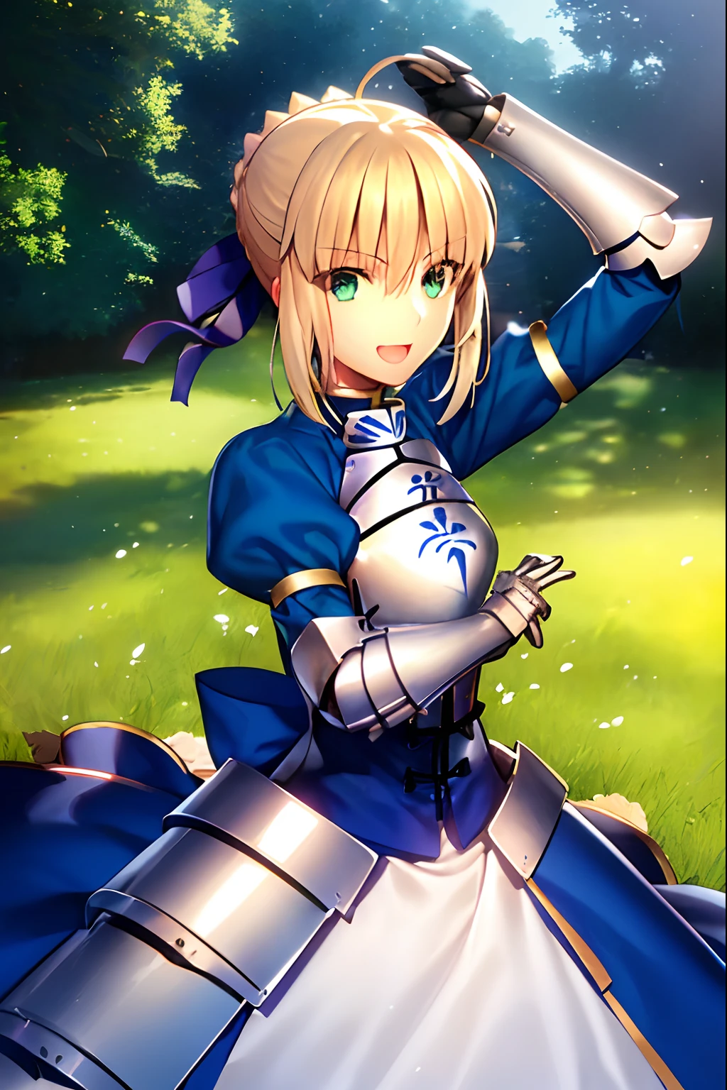 takeuchi takashi, artoria pendragon \(fate\), saber, 1girl, :d, ahoge, blonde hair, tiny breasts, blue dress, gloves, green eyes, hair between eyes, blue hair ribbon, outdoors, looking at viewer, small breasts, open mouth, ribbon, short hair, smile, solo, armor, iron gloves, ((masterpiece))