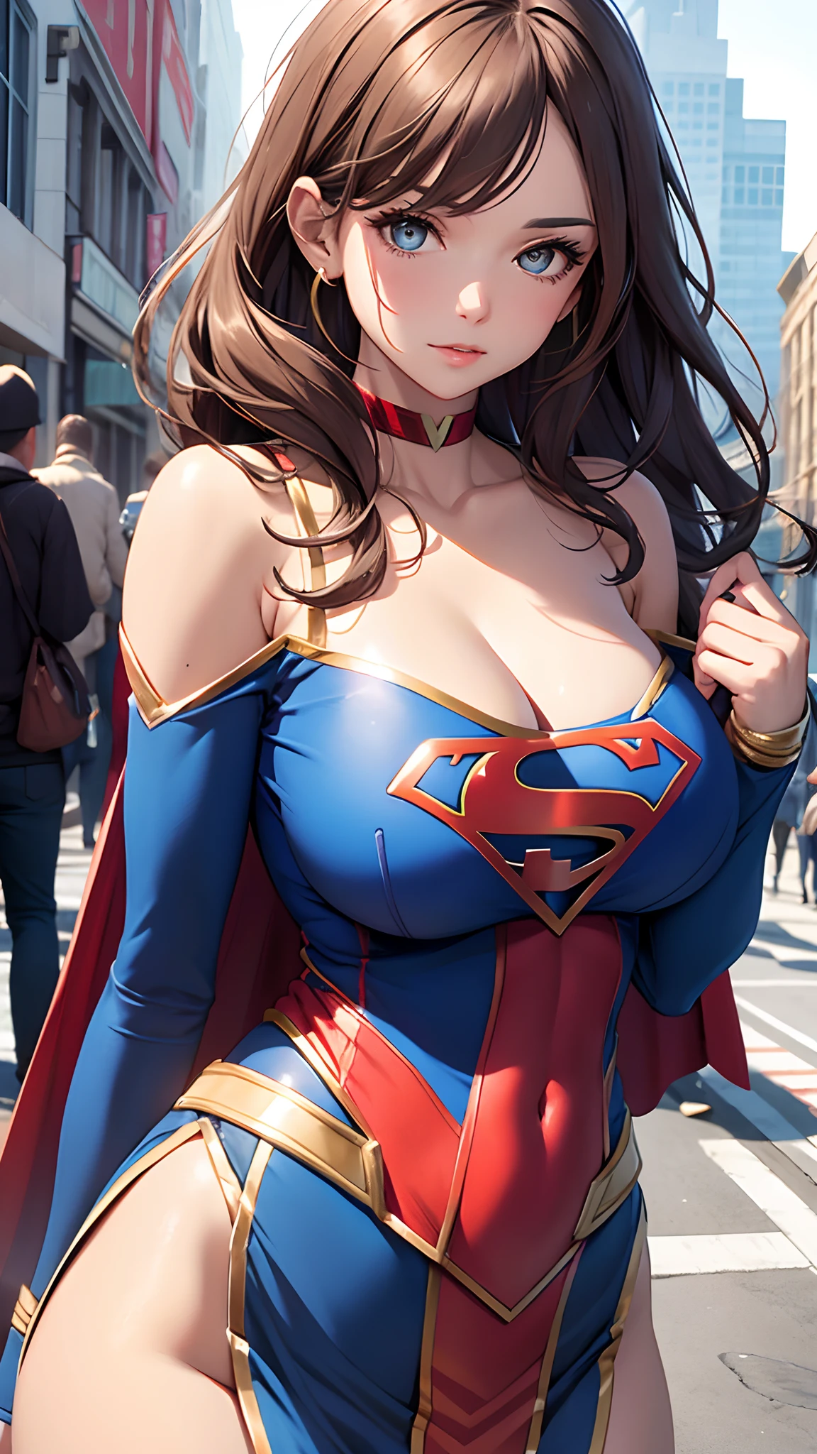 Woman body set big breasts,Supergirl costume dress,Cut clothes,Close-up,Off-the-shoulder attire,Charming,perfect bodies,the street,nabel,Abdominal vest line,brunette color hair