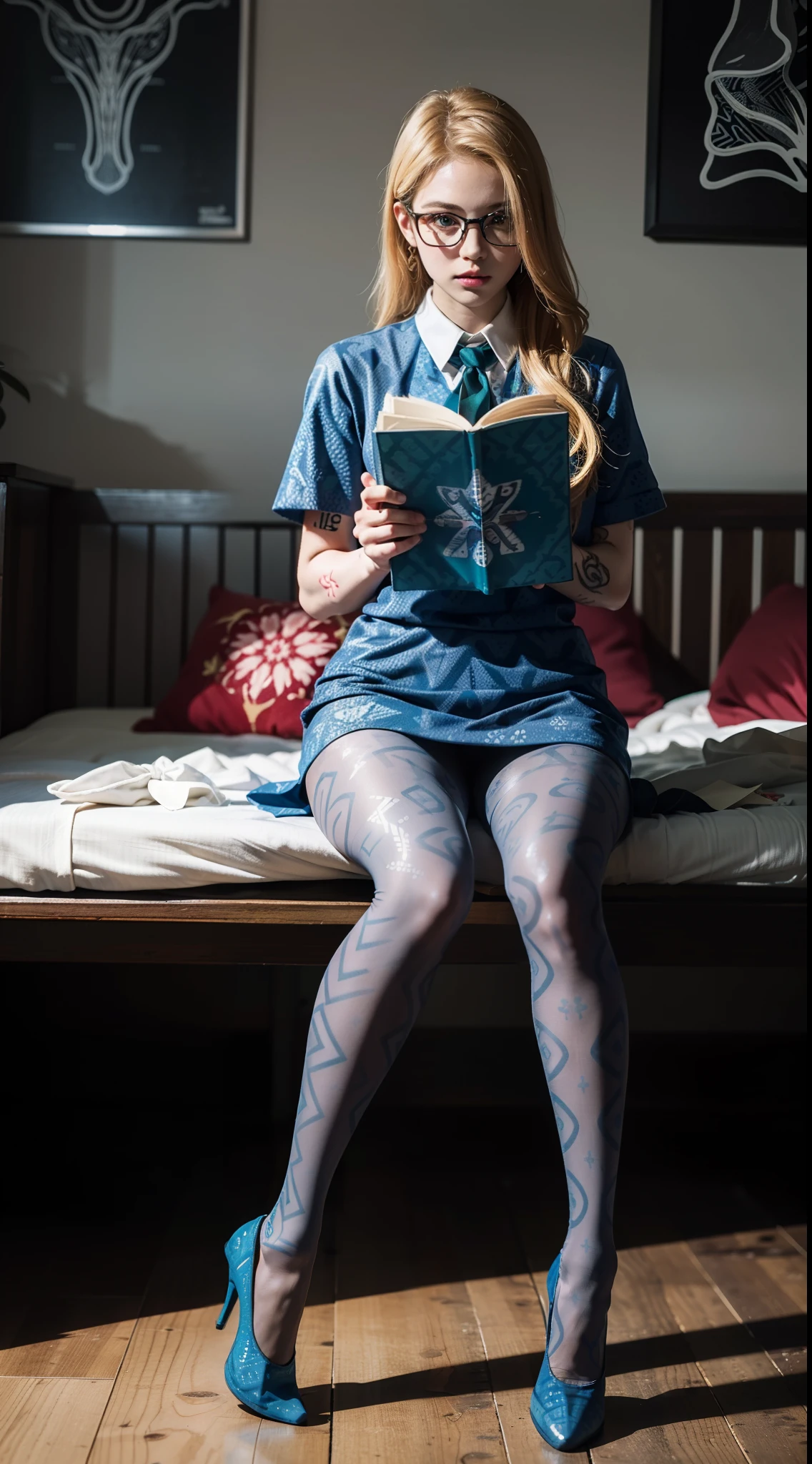 (full body:1.5),(((1girl)):1.3),(view the viewer:1.4),((anatomy correct):1.45),((Sitting in the forest):1.3),(He wears large glasses and holds a book in his hand:1.15),(shy:1.15),((nurse uniform):1.2),(((((((Patterned)))))) ,((pantyhose)):1.3),(((tattoo)):1.3),( Uniform high heels leather shoes with bows for female students:1.1),(Accurate and perfect face:1.3),((red-eyed blonde):1.2),hyper HD, Ray traching, reflective light, structurally correct, Award-Awarded, high detail, lighten shade contrast, Face lighting ,cinematic lighting, masterpiece, super detailing, high quality, high detail, best quality, 16k,High contrast,