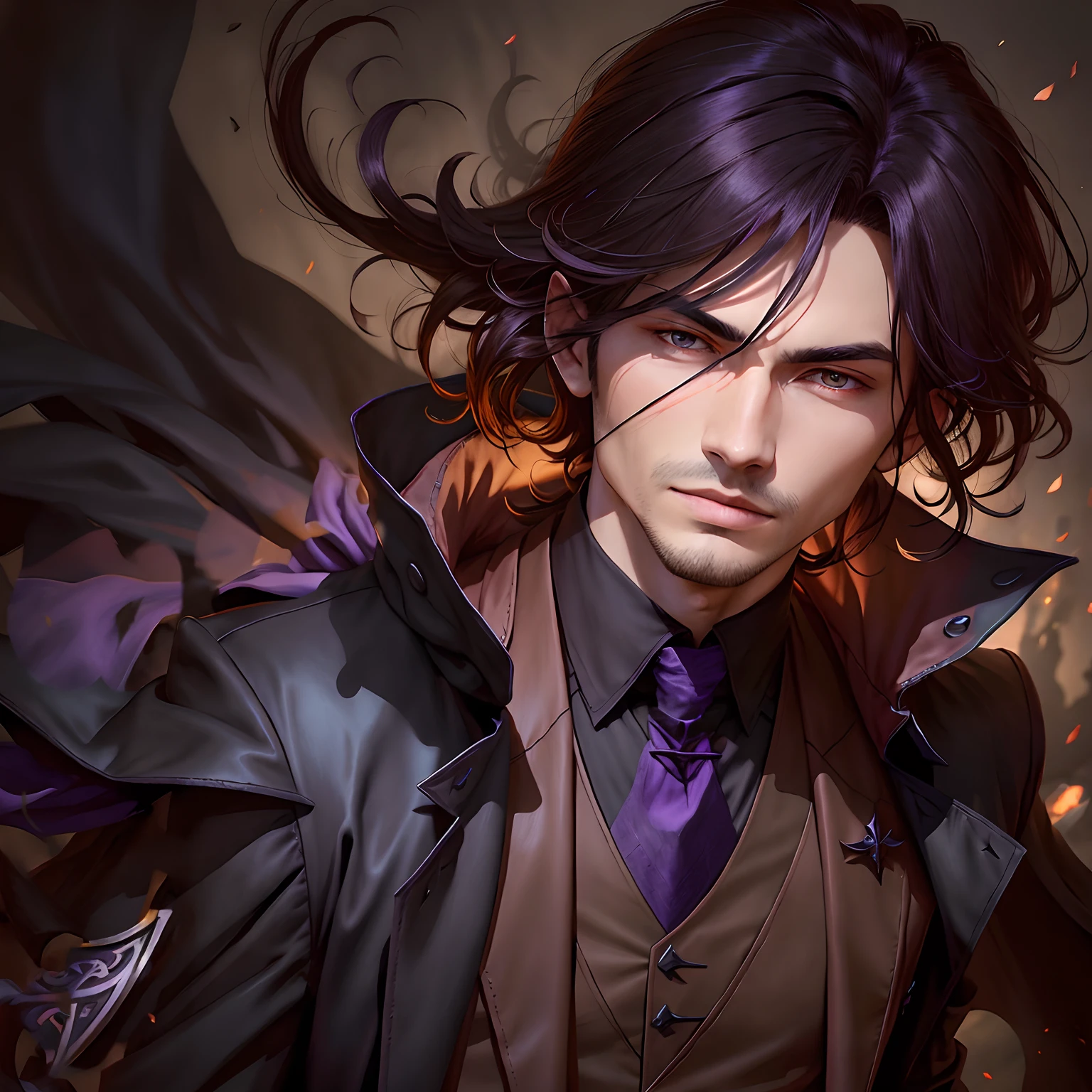 The Dark Mage，darkly，wind coat，cloaks、brunette color hair，年轻，No beard，The background is dark purple and black