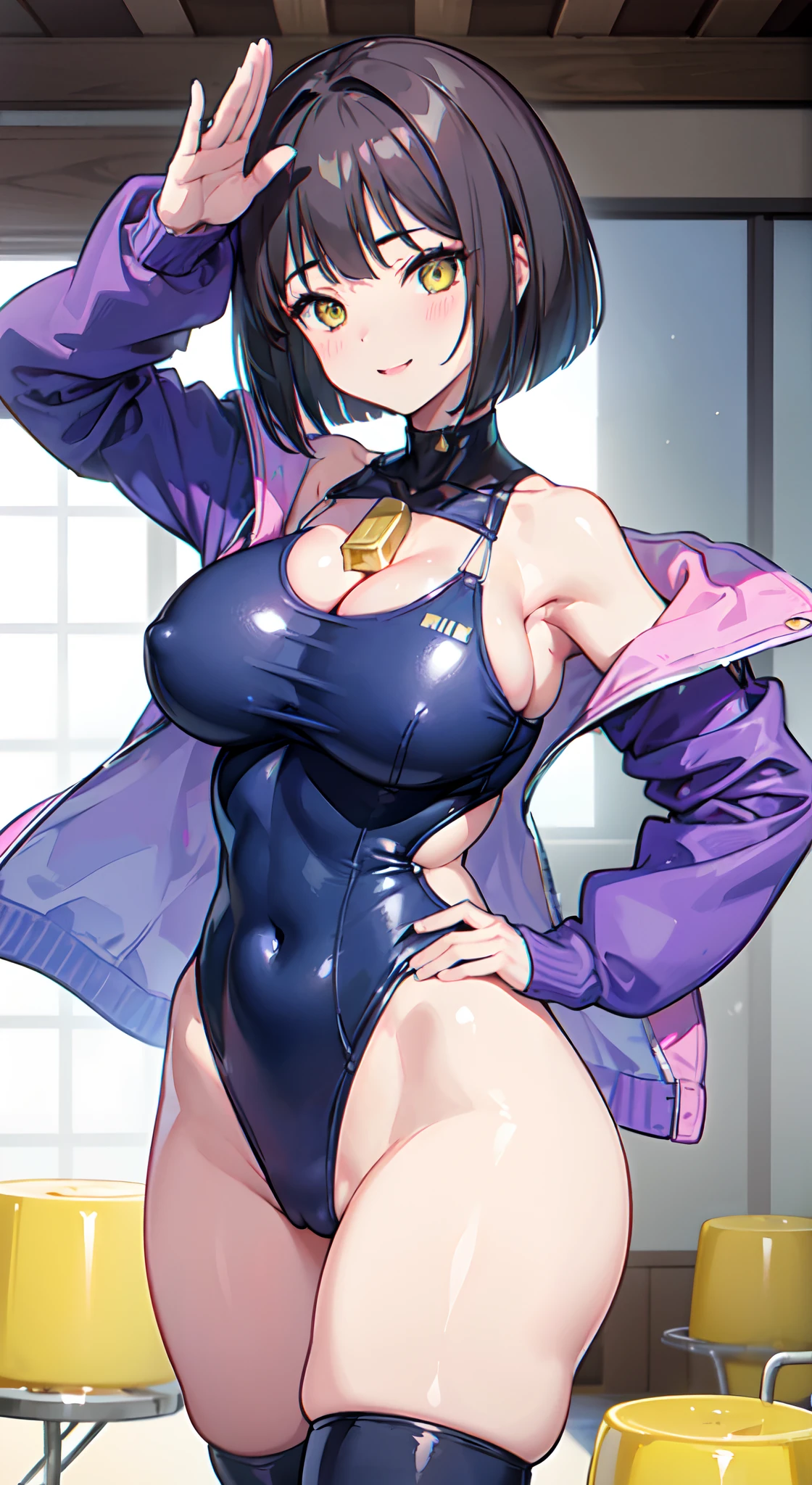 (Perfect body),Best Quality,(8K Portrait),(Official art)、((Police Woman)),(((Wink))),blush,Sweat,((large udder))、((((teats))))、(Dark hair),((bob cuts))、Yellow eyes,(thick thighs)、Adult Woman、Cowboy Shot、(Leaning forward)、(((A smile)))、(Right-handed salute)、Wavy mouth、in poolside、Pink 、(Navy blue jacket)、(highleg leotard)、(((Chest sticks out)))、Show your teeth、((Left hand on hip))、