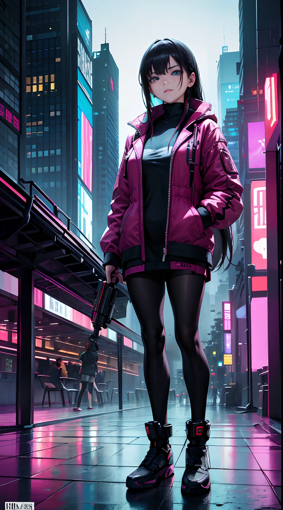 best picture quality, masterpiece, ultra-high resolution, (fidelity:1.4), Photograph, Skin, ((Cyberpunk characters)), Cyber Series, future, ((ultra realistic, awarded photograph)),(hyper-detail),(intricate detailed),(8k high resolution CGI artwork),A woman in,The cyberpunk living room of the future/bedroom/kitchen/balcony,Cyberpunk Urban Landscape Details。Style of the future,Available in many colors and LED lights......。The cityscape should be very detailed......,deep depth of field。Create depth with atmospheric light,Wide-angle lens showing room and window。Use atmospheric and volumetric lighting to enhance cityscape details......。The room should be illuminated with neon lights of the city scenery......, Textured pastel backgrounds, colourful, vibrant, (10, beste-Qualit, master-piece: 1.4), ultra-high resolution, (Realistic, photorealistic portrait: 1.48), 20 years old girl, Famous Japanese celebrities, Blue Eyes, Head Tilted, cowboy shot, View from the front, looking at the audience, expressionless, Whole body, foot , Ultra-Wide Angle