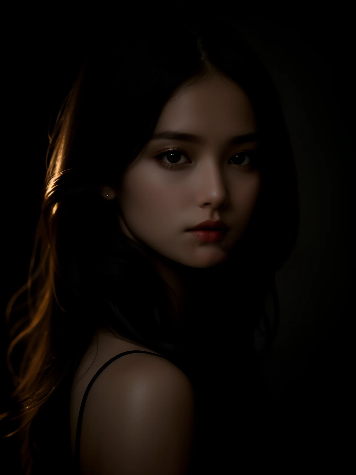 20 years old girl posing for photo with long hair black dress, looking above the shoulder, beautiful portrait lighting, (((beautiful rim light))), detailed face, detailed shadow, medium portrait soft light, Dramatic low-key lighting, portrait soft low light, portrait soft light, 7 0 mm dramatic lighting, Dramatic soft shadow lighting, low key lighting, Soft light with contrast between light and dark, Understated dramatic lighting, Dramatic lighting of the face