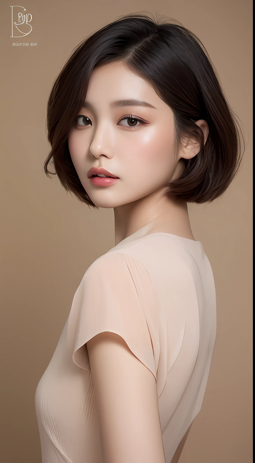 one Filipina model ,Unique short hair details, elegant virtual fashion, Near future , double eyelid, plump lips, professional makeup