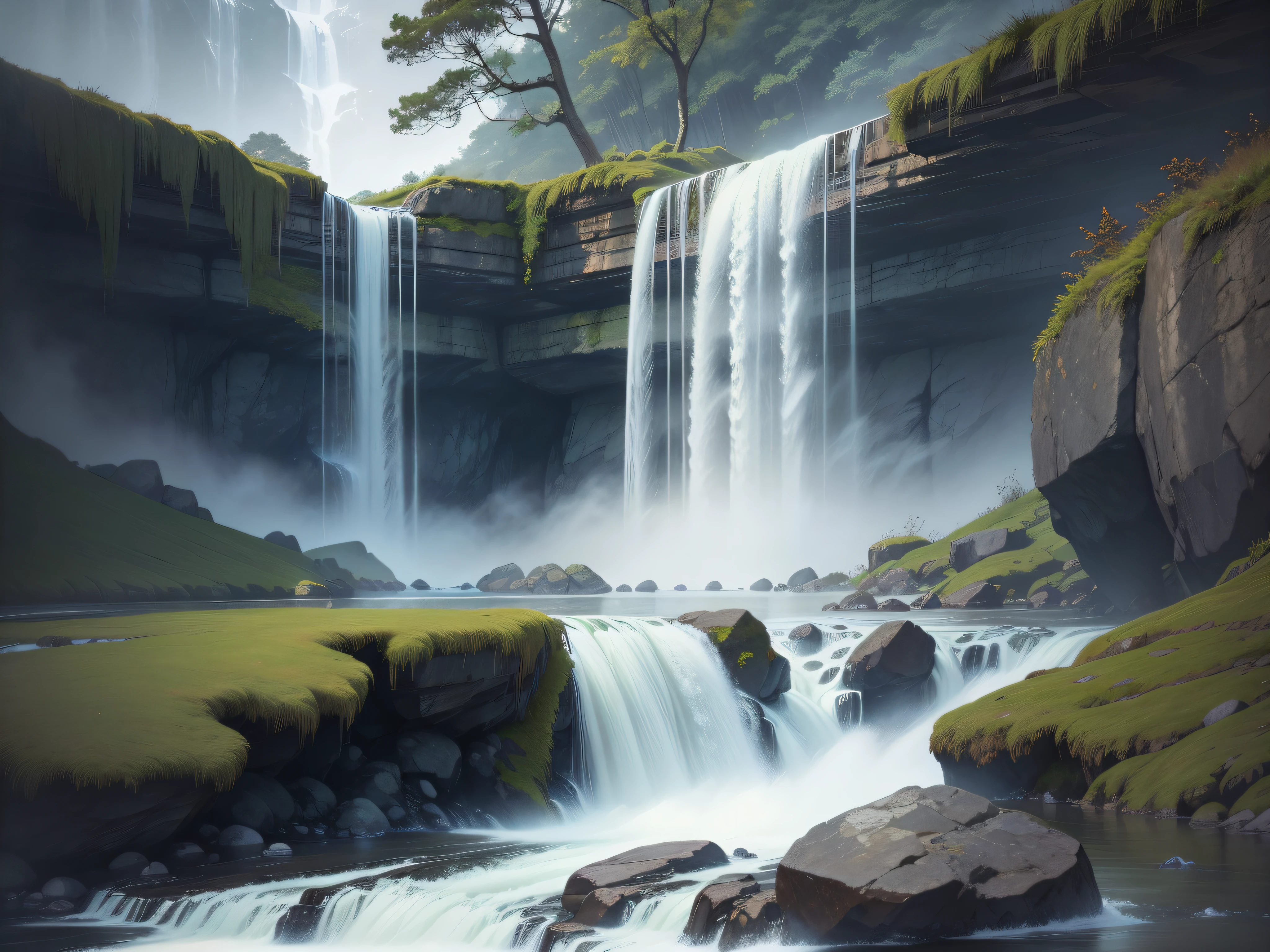 Waterfalls: Cascading water, misty surroundings, and soothing sounds.
