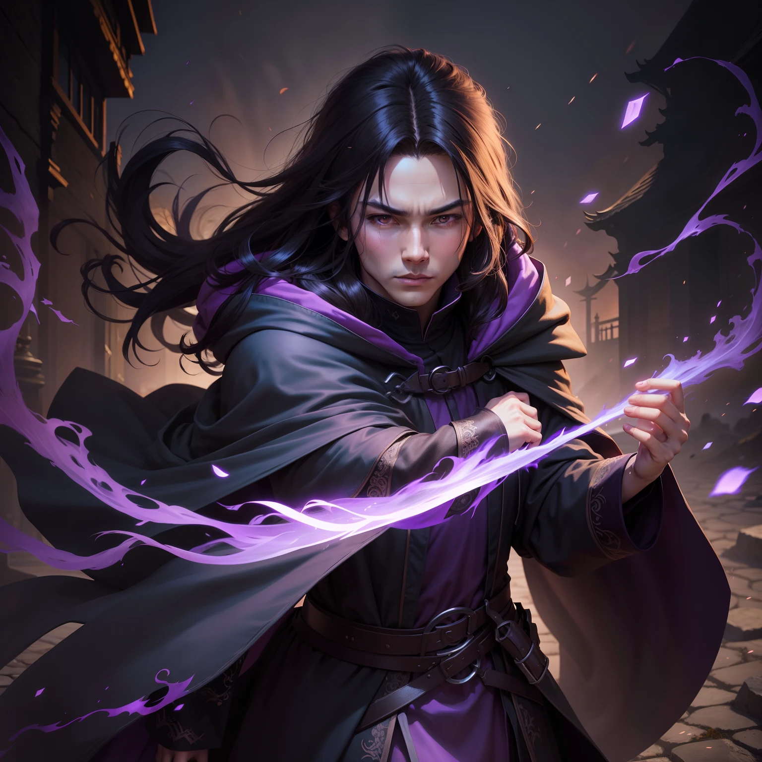 The Dark Mage,darkly,wind coat,cloaks、brunette color hair,年轻,No beard,The background is dark purple and black