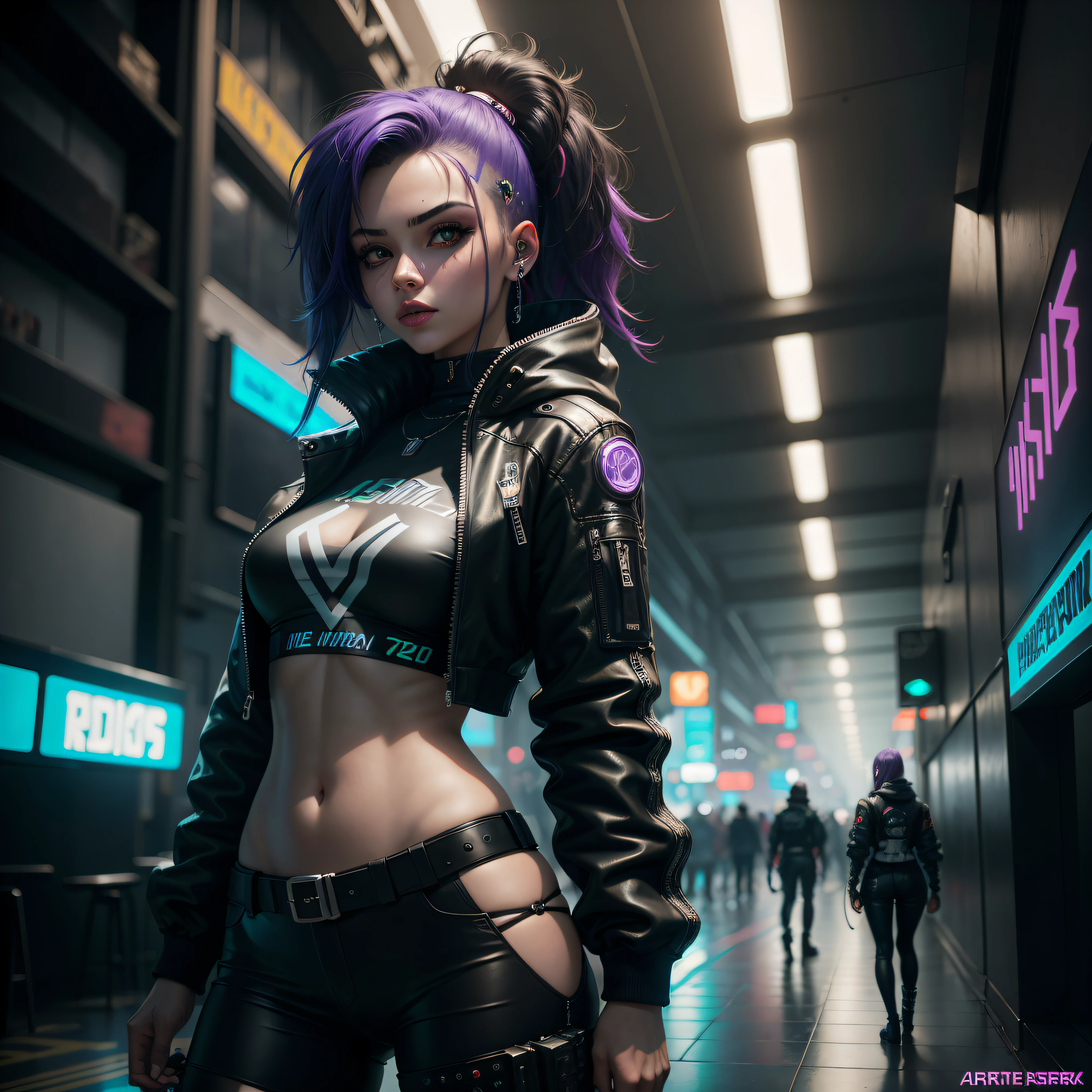 Cyber Girl in a black leather jacket and purple hair standing in a hallway, Cyberpunk 2 0 e. o modelo , meninaime cyberpunk feminino, estilo cyberpunk hiper-realista, garota anime cyberpunk, em cyberpunk city, vibe cyberpunk, cyberpunk menina bonitota cyberpunk, estilo de arte cyberpunk, no estilo cyberpunk, menina cyberpunk sra, arte digital do anime cyberpunk