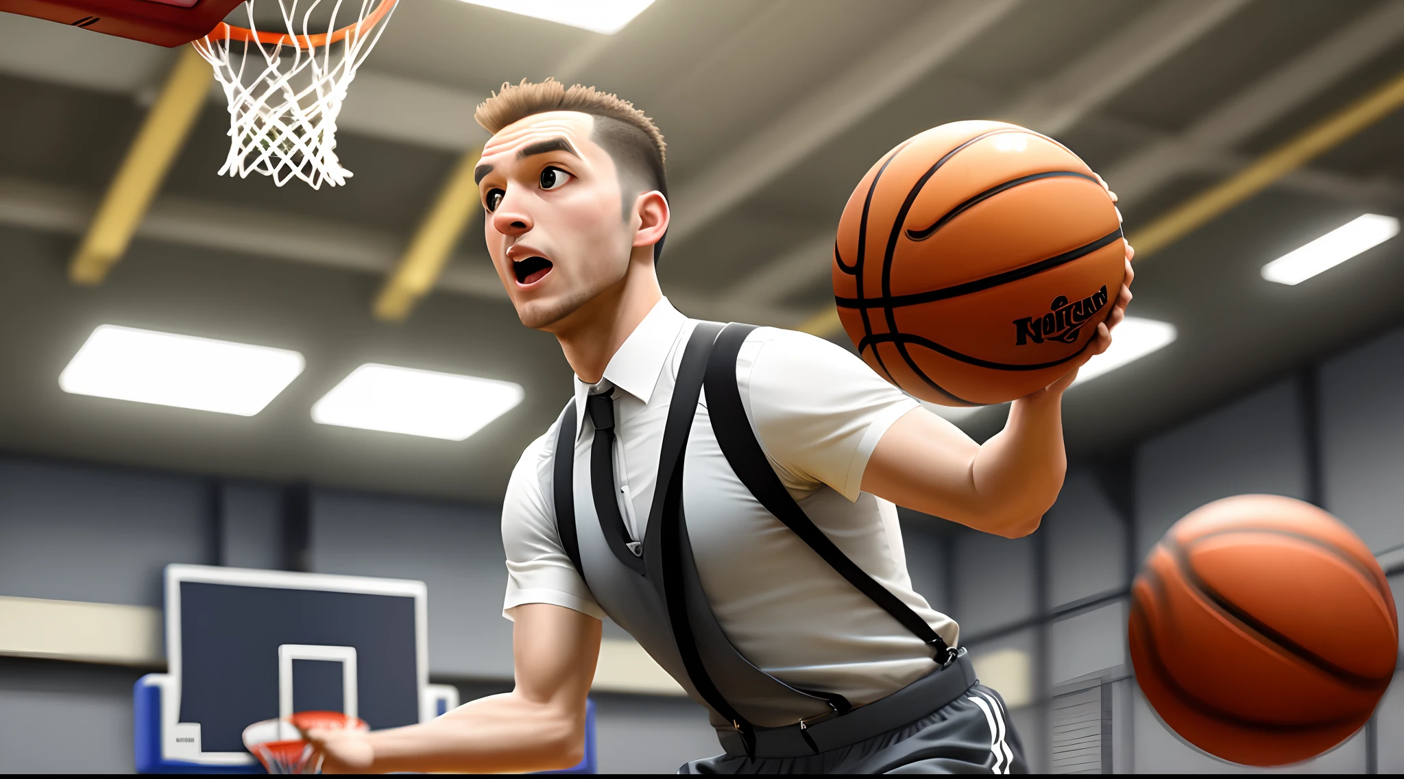 A chicken playing basketball in suspenders with a mid-head combed