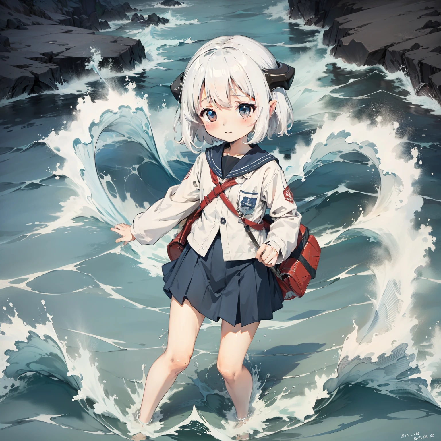 Deep in the ocean，Above the sea，Waves roll，Huge squid，A small raft， 1girll, Loli,， Solo, (with short white hair:1.2),