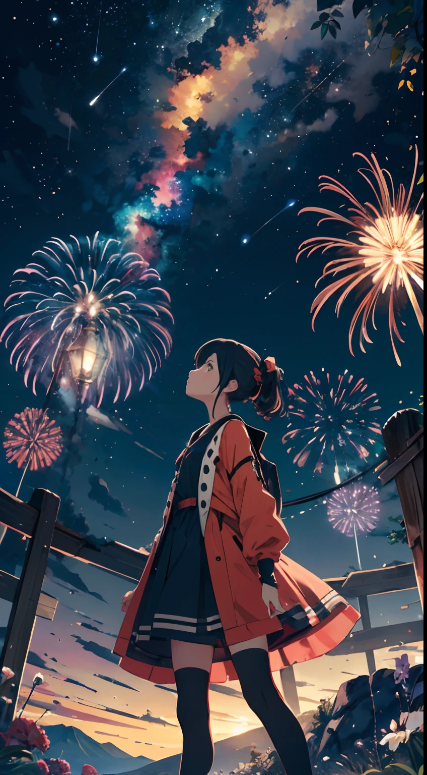 Vast landscape photos，（View from below with a view of the sky and the wilderness below），Cute girl standing in a flower field and looking up，Exquisite character details，（moon full：1.2），（meteors：0.9），（Starcloud：0.5），Far Mountain，Tree Break Production Art，（Warm light source：1.2），（glowworm：1.2），Brilliant fireworks，lamp lights，Purple and orange，intricate-detail，Volumetric Lighting BREAK（tmasterpiece：1.2）， （top-quality），4K，Ultra-delicate，（Dynamic configuration：1.4），Highly detailed and colorful details（Irridescent color：1.2），（Sparkling lighting，Atmospheric lighting），dream magical，Magical，Perfect color matching，（独奏：1.2）