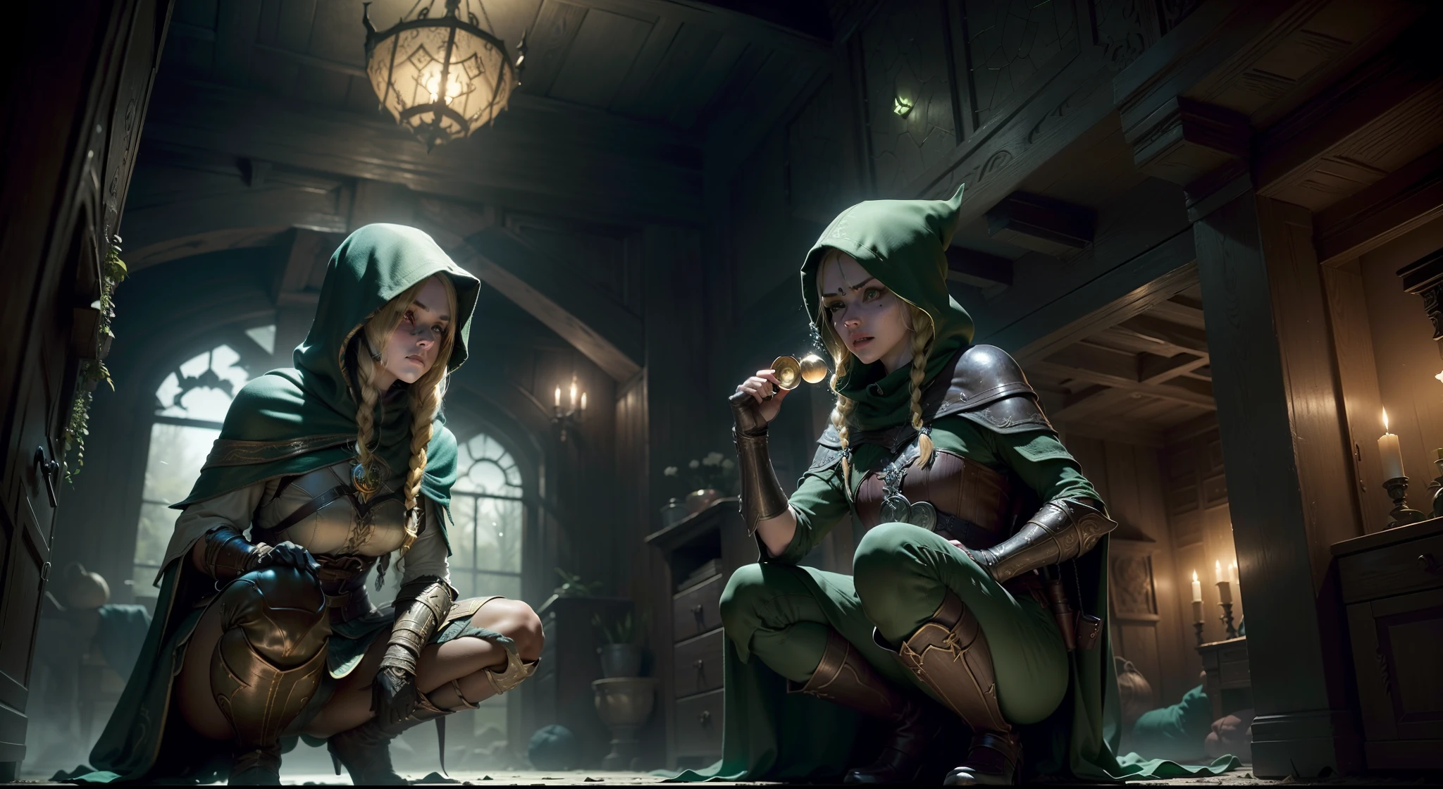 duo: Elven female ( Golden hair, Green eyes )Squatting ( commotion: 1,3 ) , Elven female( Golden hair, Cyan eyes ) Squatting, Scary atmosphere (( In a house from Skyrim, Stealing things)) (Adding symbols, Theft from the chest) ( Wear magical cloaks with a hood ) (((( Illegally snuck into the house )))) ((Medieval times )) ( Bad ) ((( the night ))) (( At night )) (( confusion )) (( crime ))