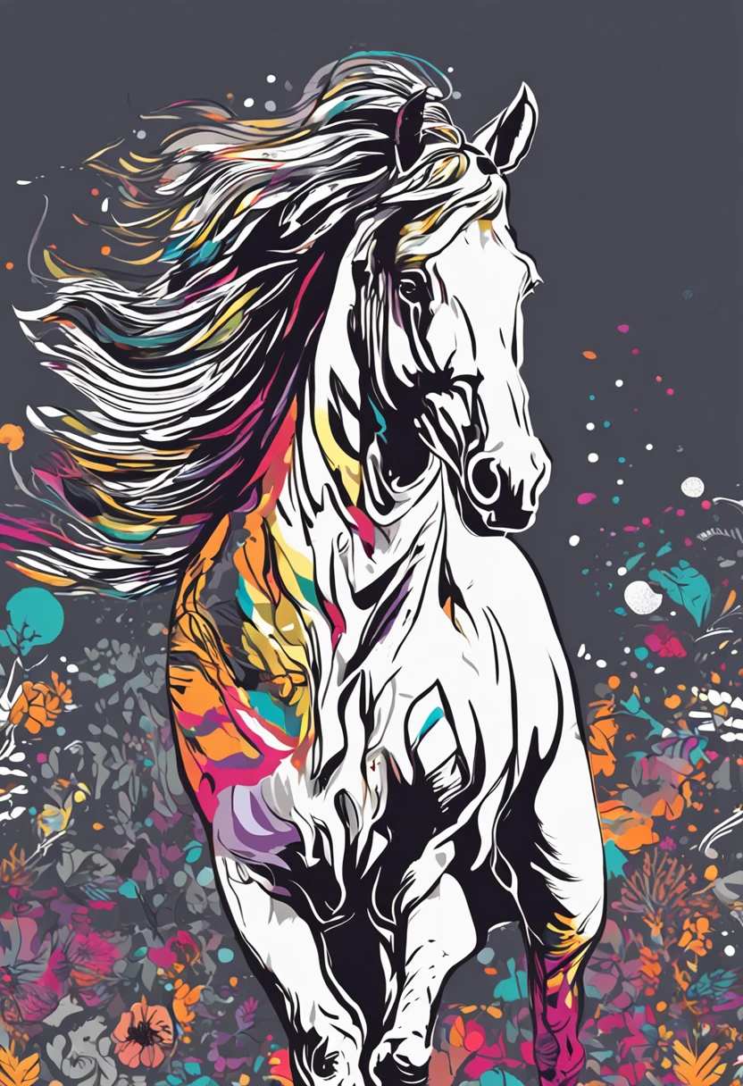 um close up de um cavalo black correndo em um fundo colorido, Cavalo digital, arte vetorial altamente detalhada, Jen Bartel, estilo de arte impressionante, estilo de arte vetorial, arte do Adobe Illustrator, Arte de Alessandro Pautasso, Arte vetorial HD, Horse, arte vetorial multicolorida, full-colour illustration, Arte bonita UHD 4K, vibrant high contrast coloring, Cavalo bonito