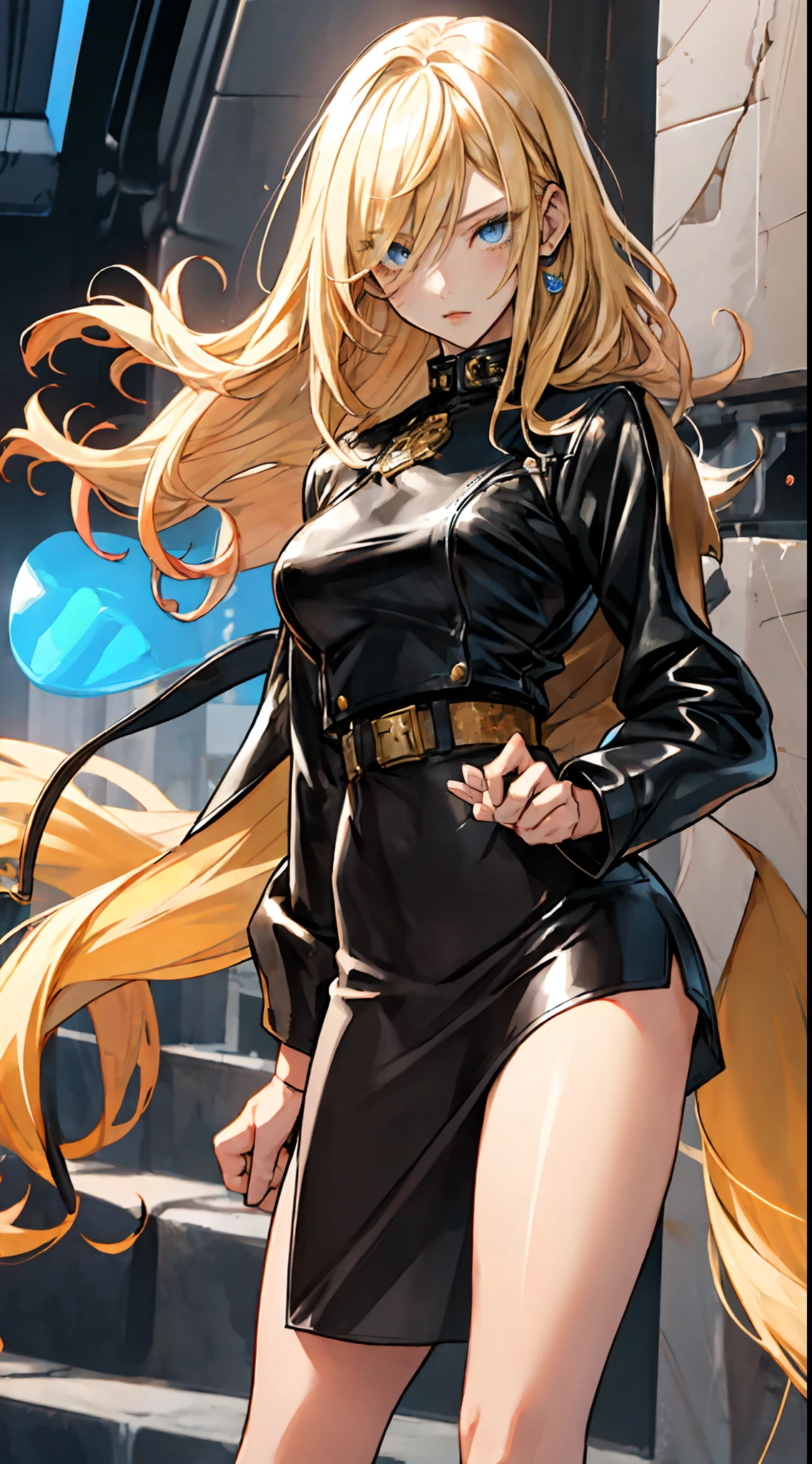 Yang Xiao Longo ((master part)), ((best quality)), (cabelos loiros), (Cabelos Longos), ((!!penteado nos cabelos: um rabo de cavalo alto!!)), (olhos roxos cintilantes), 20 anos, (1girl), (Vestido midi preto, Botas pretas de cano alto, Black pantyhose), (Dufflecoat roxo), hero pose