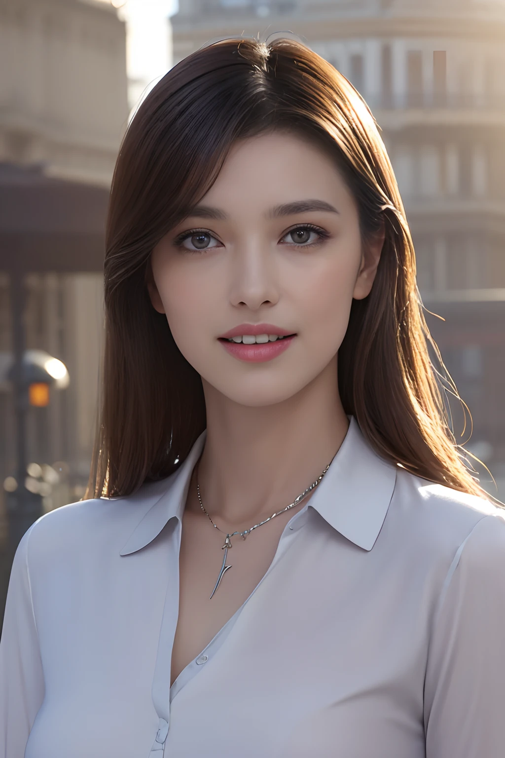 ((Downtown Paris、Realistic light、top-quality、8K、masterpiece:1.3))、1girl in、A slight smil、Slim Beauty:1.4、dark brown hair、Grey Polo Shirt、Red bean-colored long skirt、Thin Silver Necklace、A detailed eye、zoomout、Beautiful Jewish woman、show teeth、