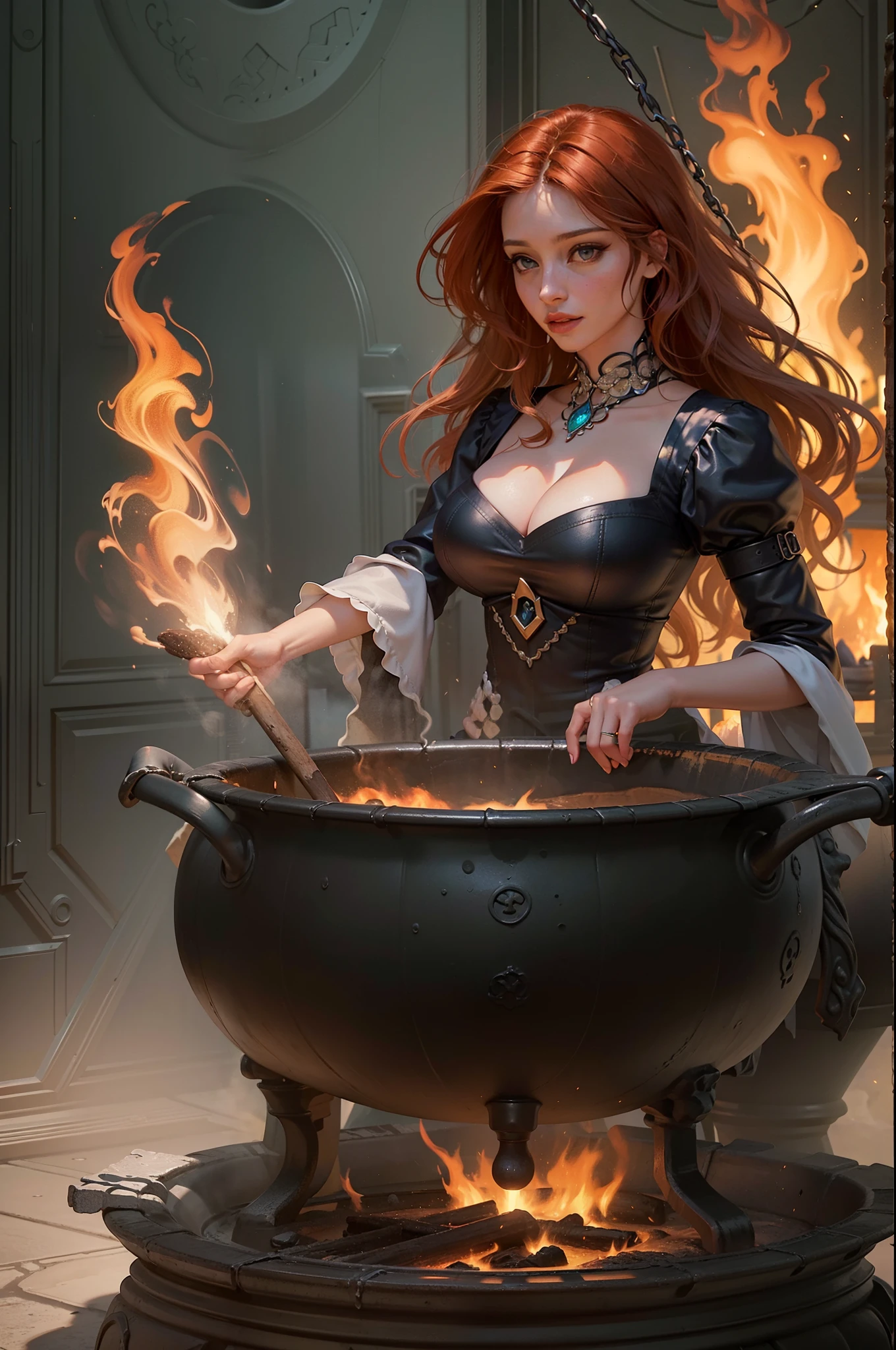 high details, best quality, 16k, RAW, [best detailed], masterpiece, best quality, (extremely detailed), full body (best details, Masterpiece, best quality), , ultra wide shot, photorealistic, fantasy art, RPG art, D&D art, a picture of a woman, witch brweing dark matter over big cauldron in the fire place, middle aged woman, exquisite beautiful woman (best details, Masterpiece, best quality), ultra detailed face (best details, Masterpiece, best quality),evil grin, red hair, long hair, wavy hair, dynamic eye color, pale skin, black dress (best details, Masterpiece, best quality), wearing black boots, large boilng cauldron, black cauldron, green mists magic mists, coming from cauldron, a stove, middles ages house background, dim fire light, High Detail, Ultra High Quality, High Resolution, 16K Resolution, Ultra HD Pictures, 3D rendering Ultra Realistic, Clear Details, Realistic Detail, Ultra High Definition Waiting to start