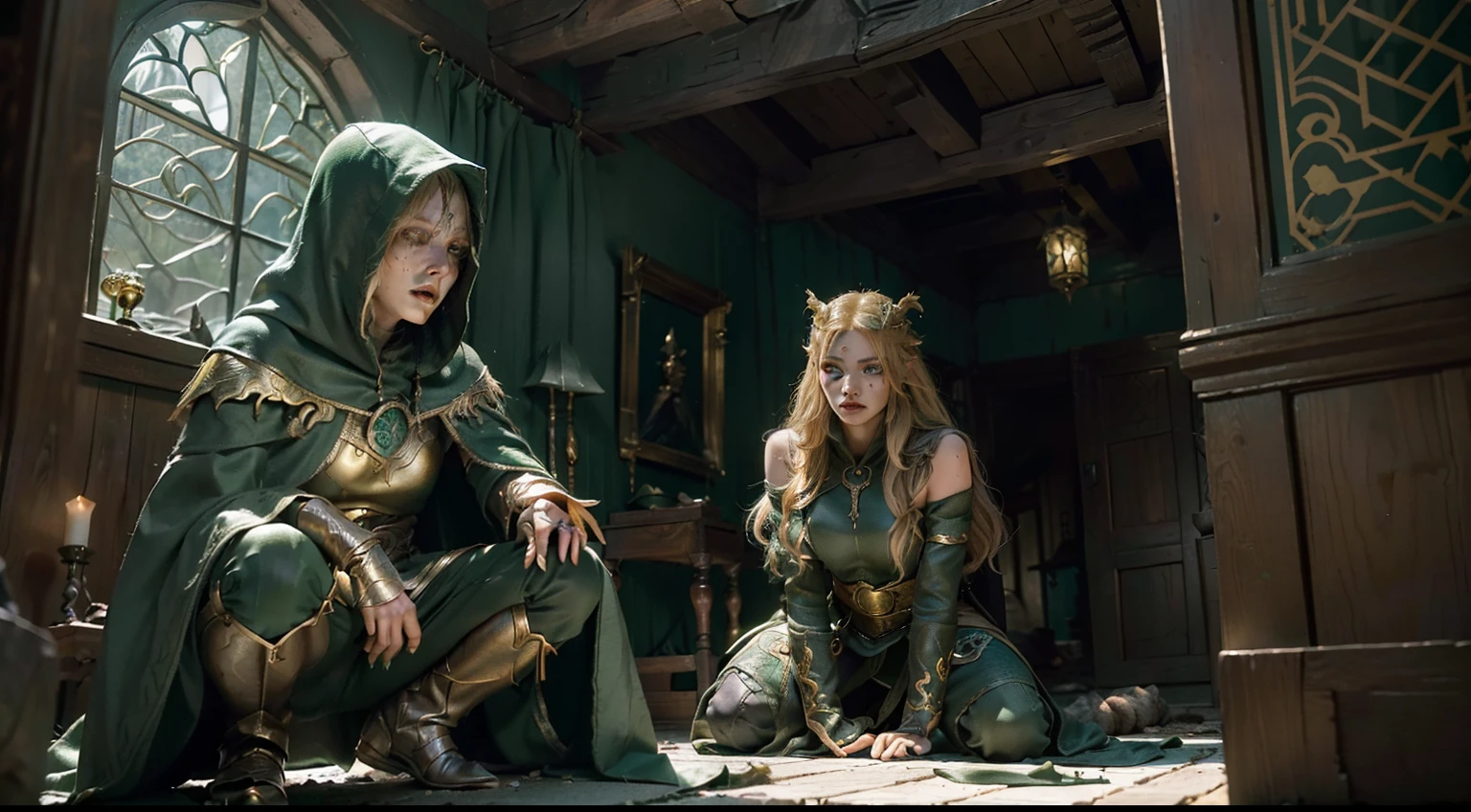 duo: Elven female ( Golden hair, Green eyes )Squatting ( commotion: 1,3 ) , Elven female( Golden hair, Cyan eyes ) Squatting, Scary atmosphere (( In a house from Skyrim, Stealing things)) (Add characters, stealing from the chest) ( Wear magical cloaks with a hood ) (((( Illegally snuck into the house )))) ((Medieval times )) ( Bad ) ((( the night ))) (( Dark time of day )) (( Confusion )) (( Crime ))