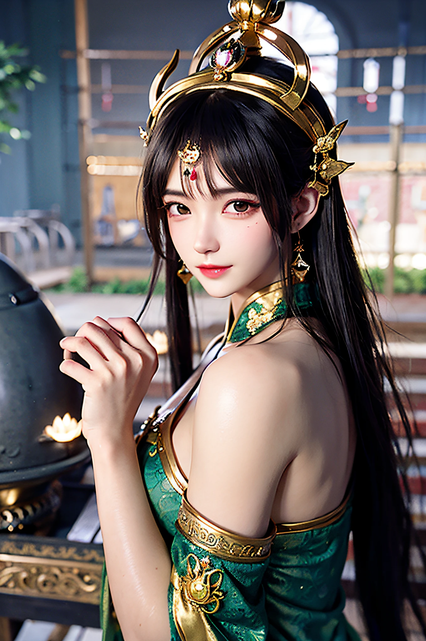 a woman with long hair wearing a gold and green dress, beautiful character painting, a beautiful fantasy empress, by Yang J, ((a beautiful fantasy empress)), palace , a girl in hanfu, trending on cgstation, beautiful celestial mage, inspired by Du Qiong, inspired by Lan Ying, ethereal beauty, artwork in the style of guweiz
