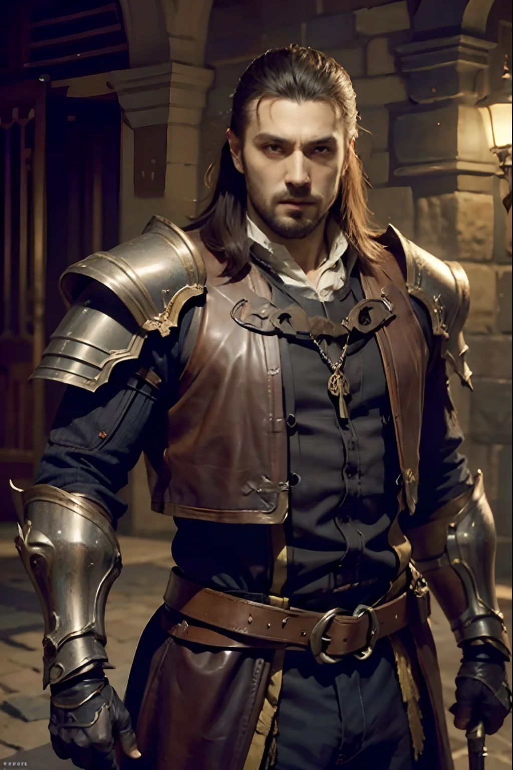 Castlevania Lord of the shadows bald handsome muscular full moroccan Armor warrior leather hyper realistic super detailed Dynamic pose Very detailed face