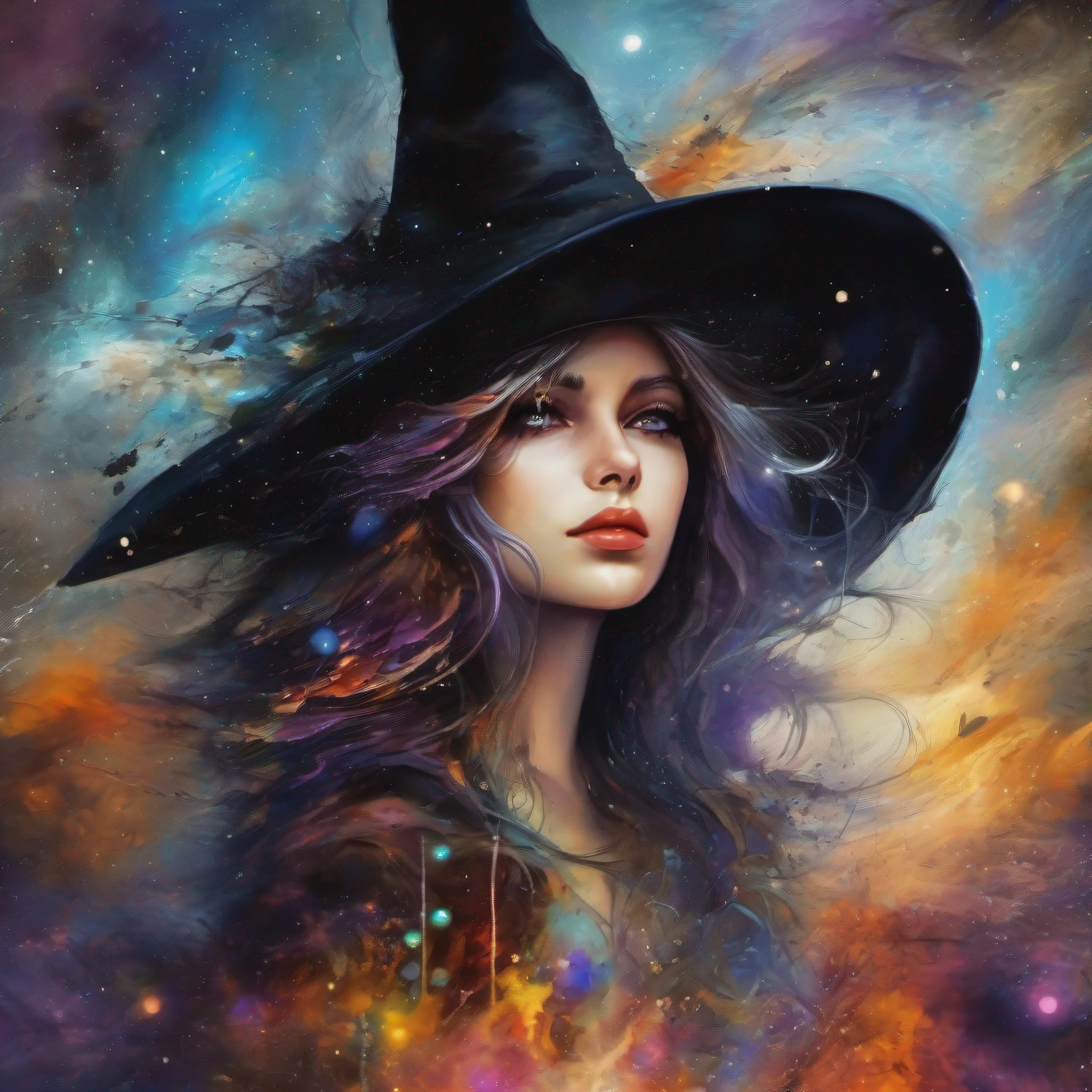 Witches in witch hats，of mixed-media abstract artwork，highly detailed eye， unholy，spine-chilling，（fine art），（Paint splashes and splashes of nebula colors on canvas 1.2），[thick，dampness，Shiny dripping paint]，ink，Pencil shadow，Award-Awarded，（Perfectcomposition），（Starcloud：0.5），（galaxias：0.5）